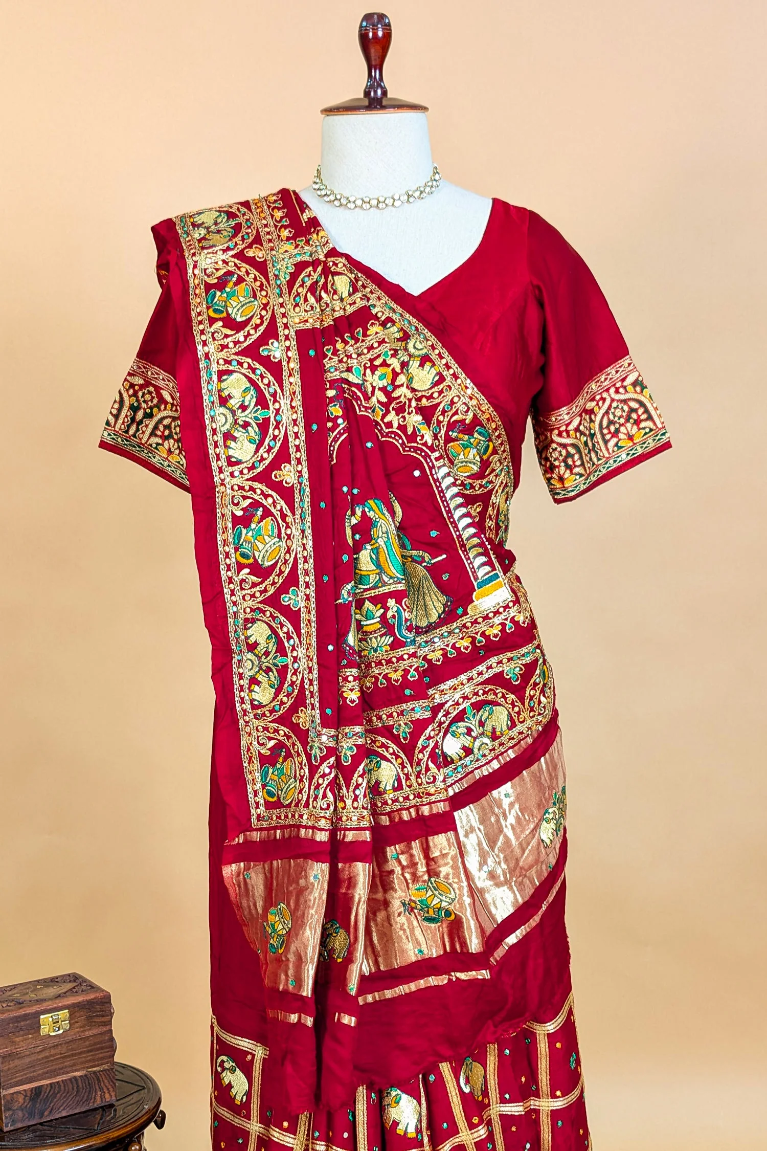 Maroon Gaji Silk Traditional Checks Gharchola Saree - Image 4