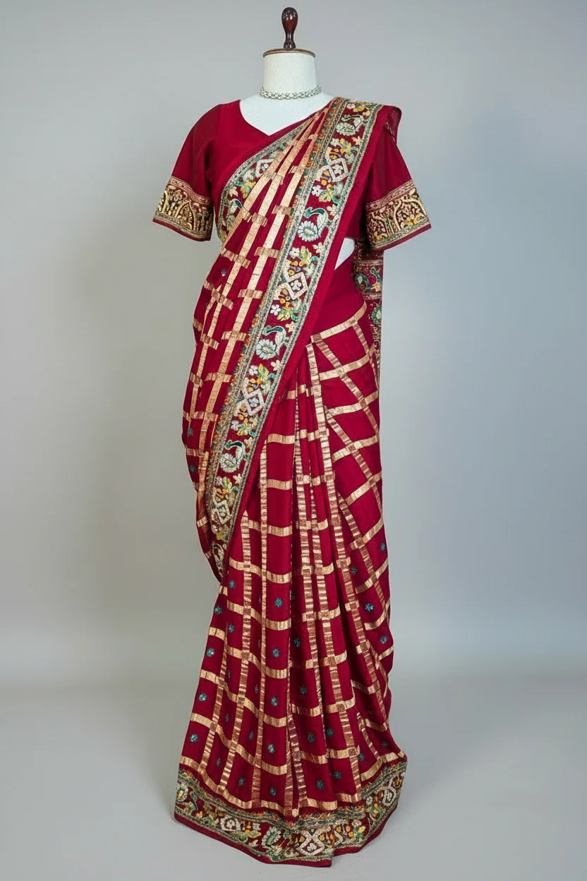 Maroon Gaji Silk Traditional Checks Gharchola Saree with Heavy Embroidered Pallu - Image 3