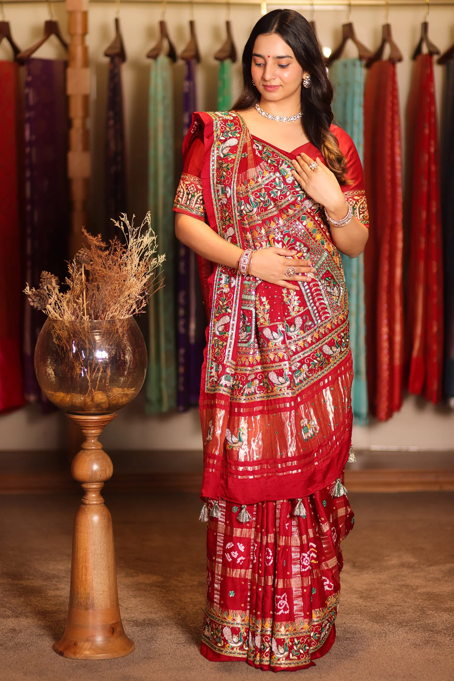 Maroon Gaji Silk Traditional Gharchola Saree with Embroidery and Peacock and Elephant Motif - Image 3