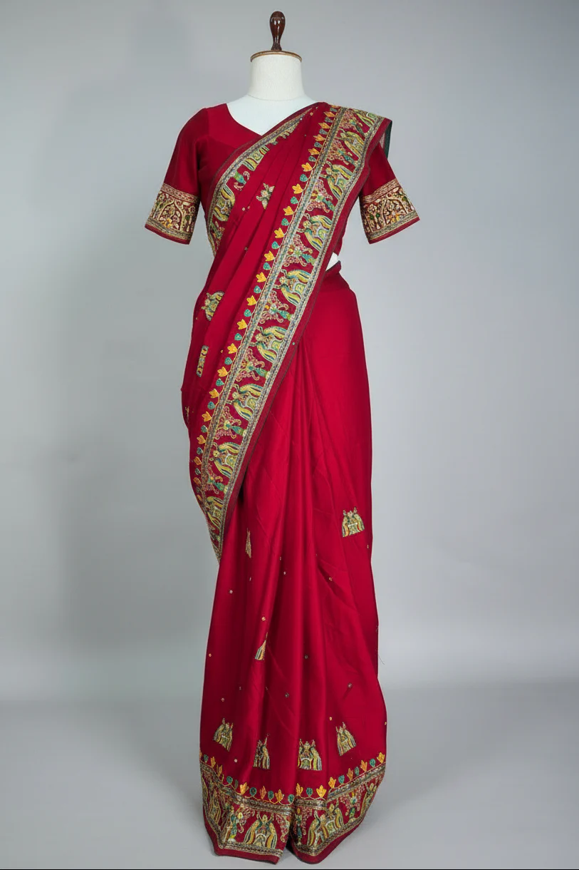 Maroon Gaji Silk Traditional Gharchola Saree with Tassles - Image 3