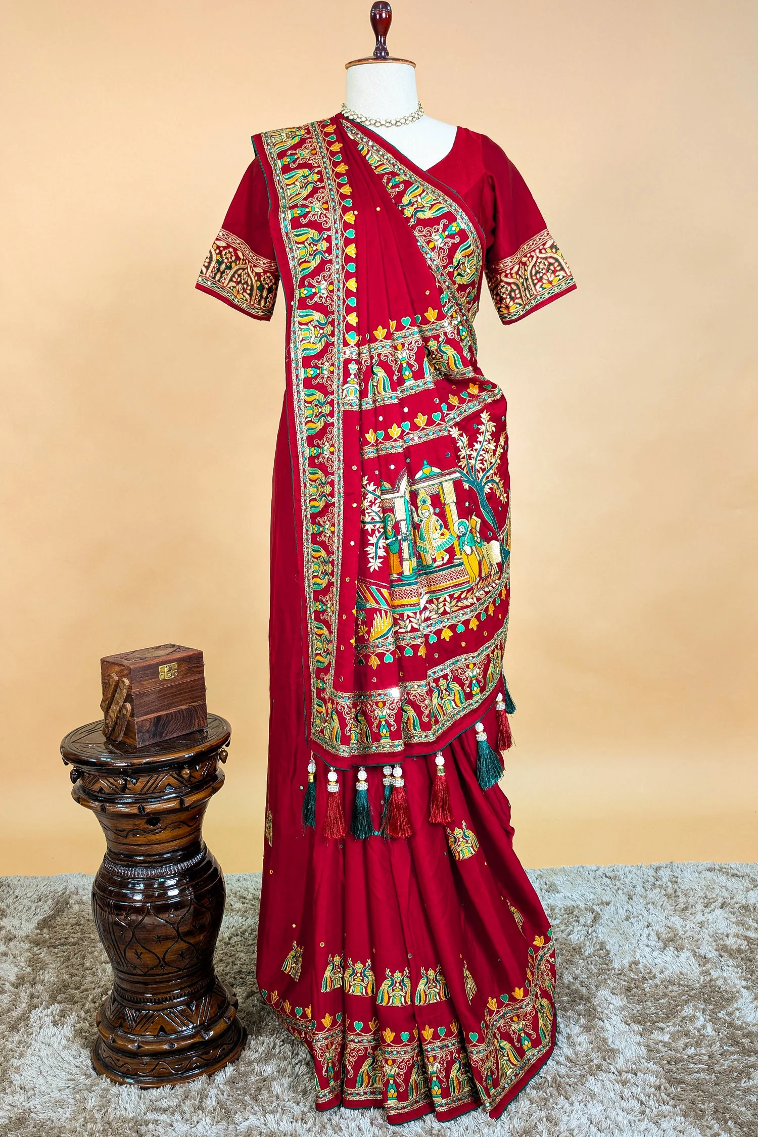Maroon Gaji Silk Traditional Gharchola Saree with Tassles - Image 4