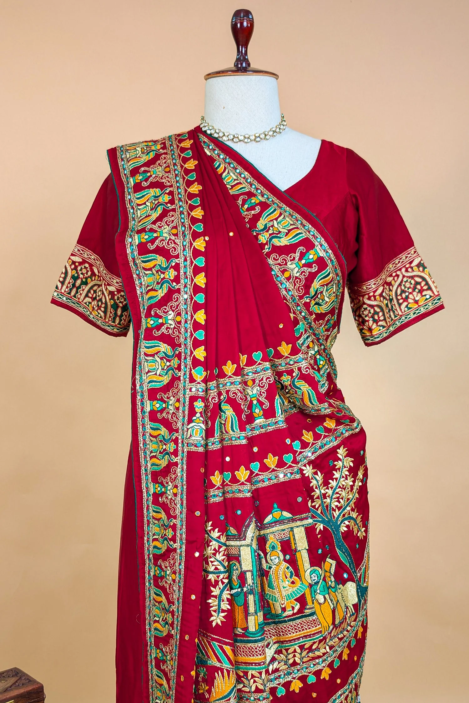 Maroon Gaji Silk Traditional Gharchola Saree with Tassles - Image 5
