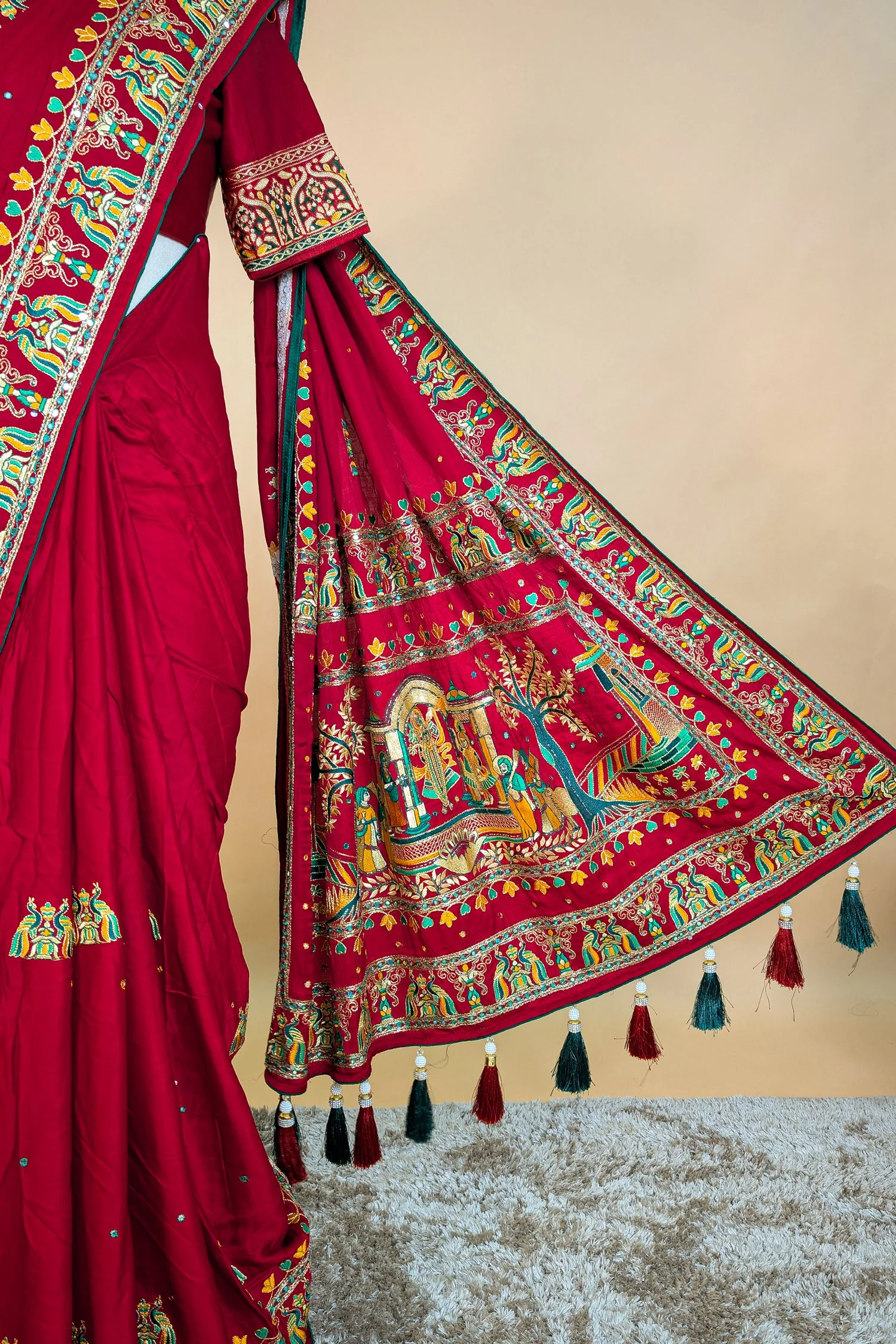 Maroon Gaji Silk Traditional Gharchola Saree with Tassles - Image 6