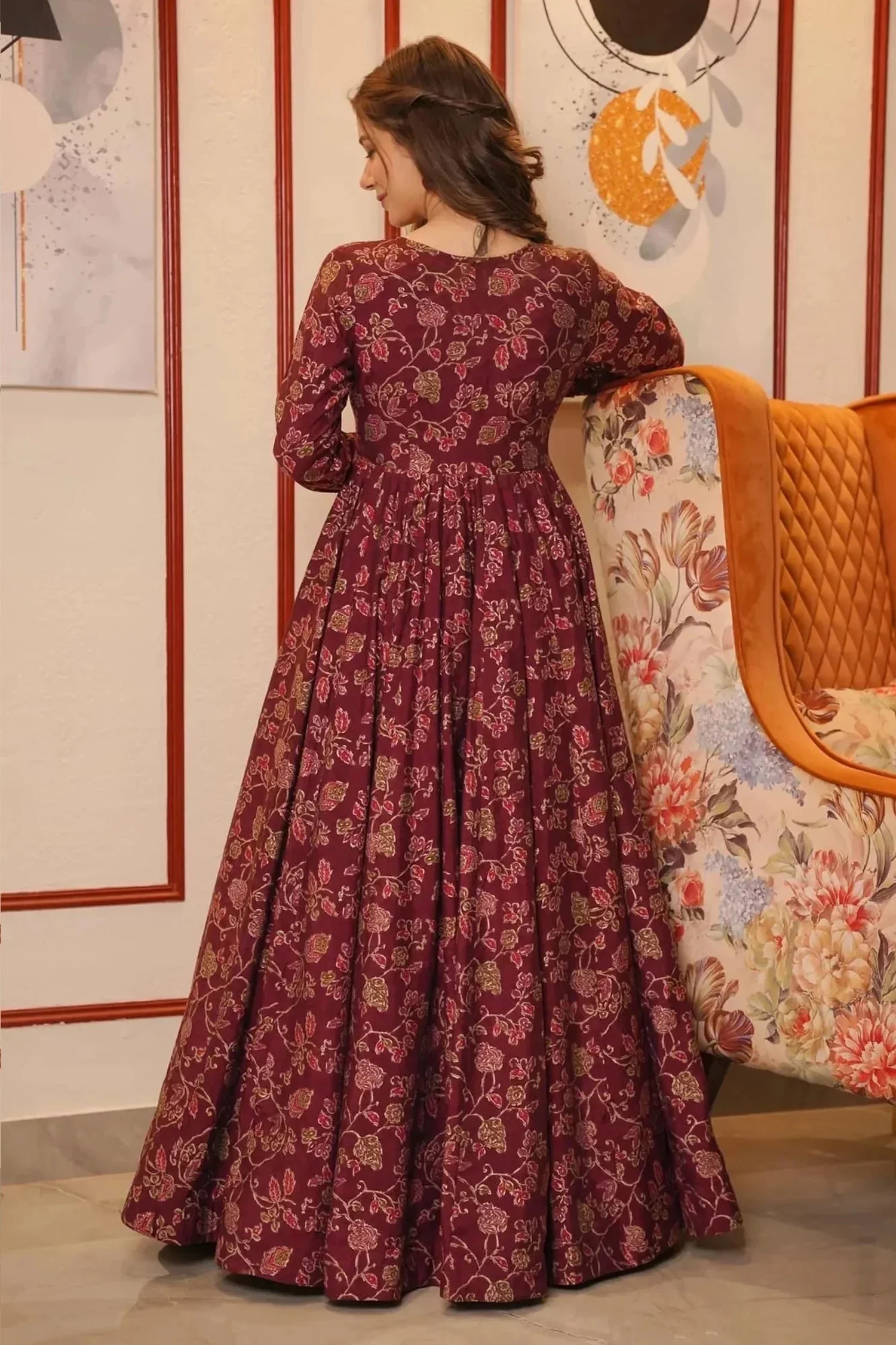 Maroon Muslin Anarkali Kurti with Long Shrug - Image 3