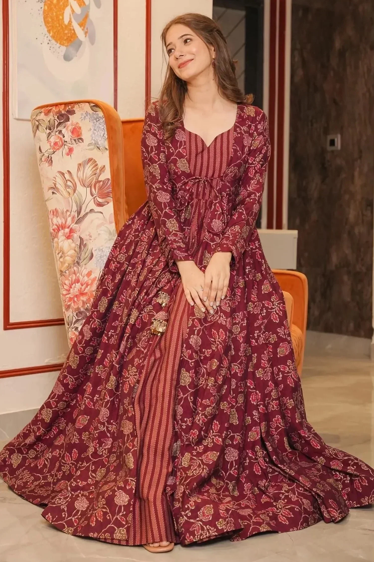 Maroon Muslin Anarkali Kurti with Long Shrug - Image 4