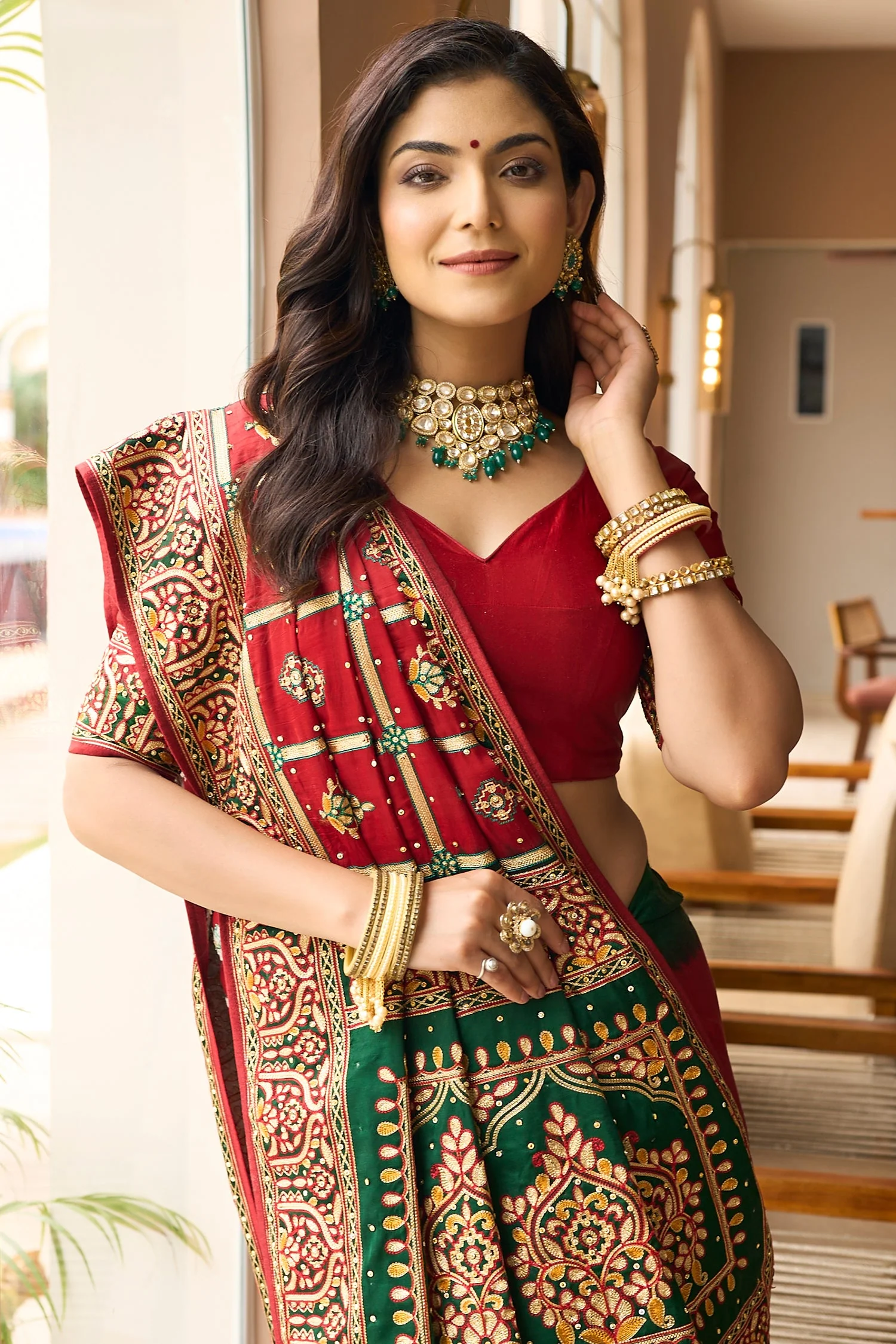 Maroon Semi Silk Checks Embroidered Traditional Gharchola Saree - Image 3