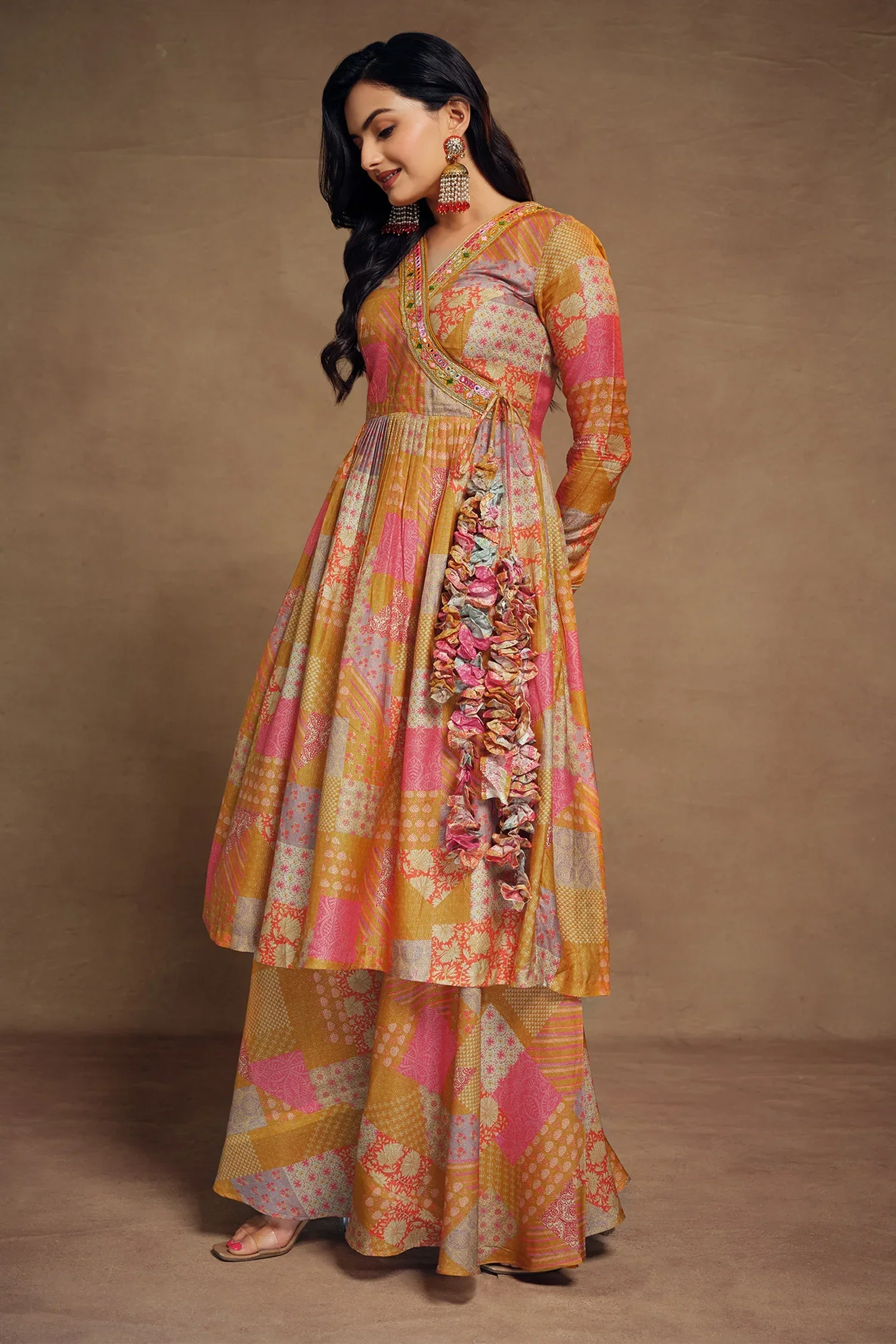 Mustard Muslin Printed Angrakha Style Anarkali Kurti with Palazzo - Image 3