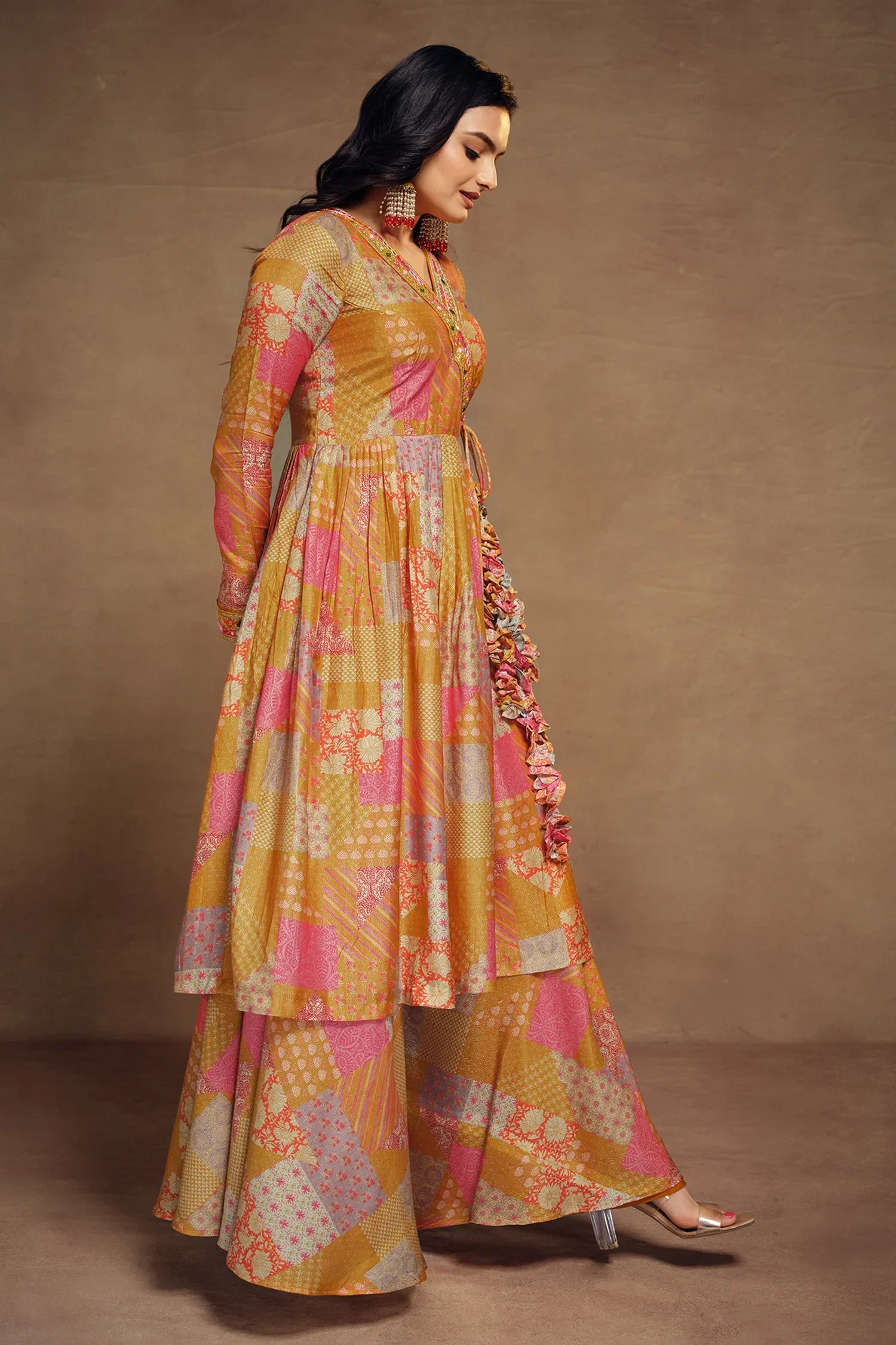 Mustard Muslin Printed Angrakha Style Anarkali Kurti with Palazzo - Image 4