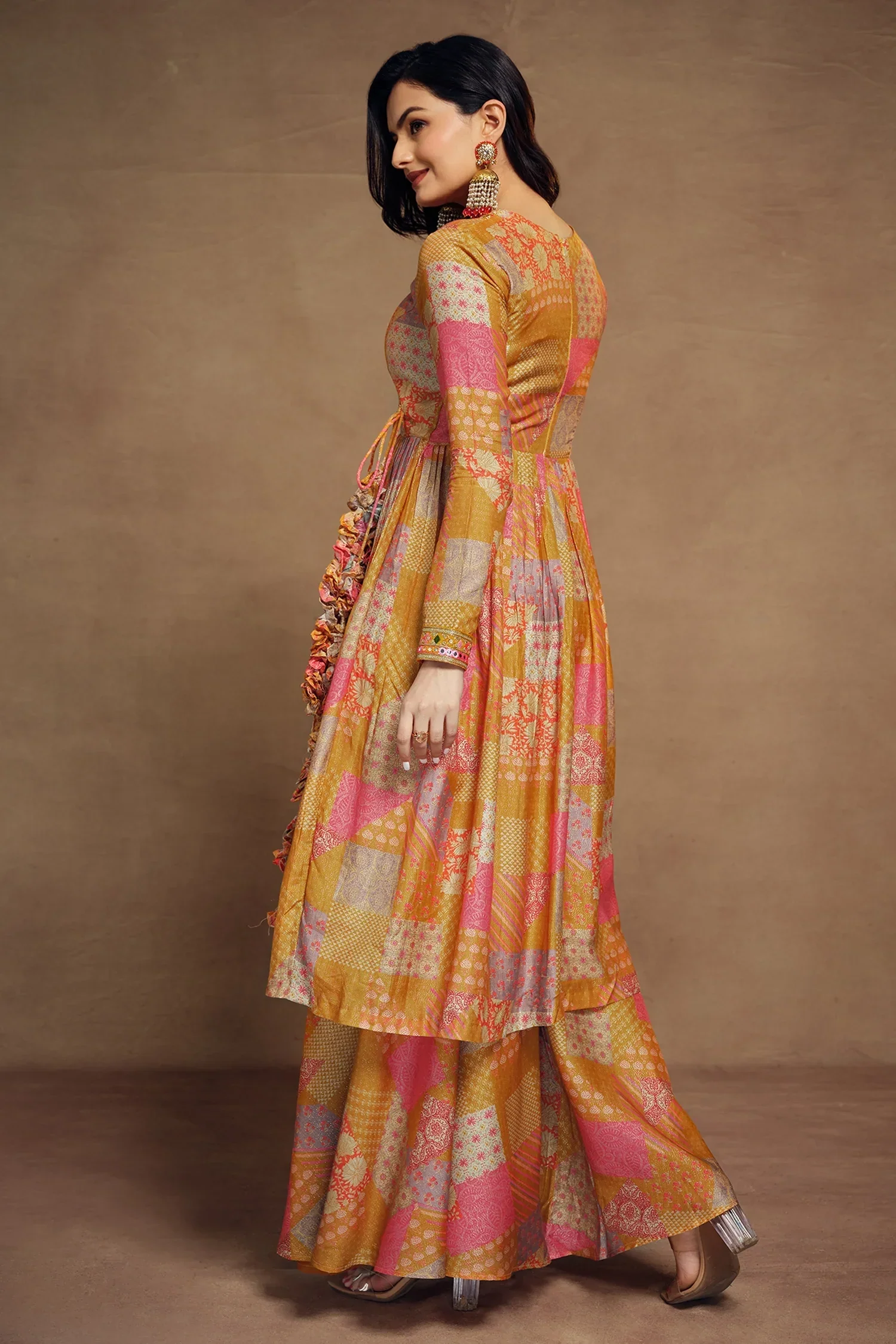 Mustard Muslin Printed Angrakha Style Anarkali Kurti with Palazzo - Image 5
