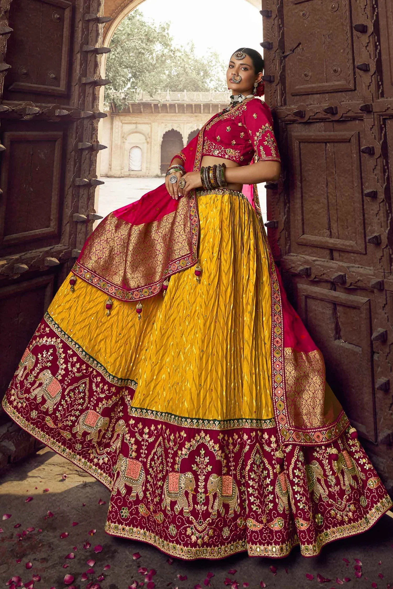 Mustard Woven Chevron Design Lehenga in Viscose with Elephant Motifs On Contrast Border - Image 3