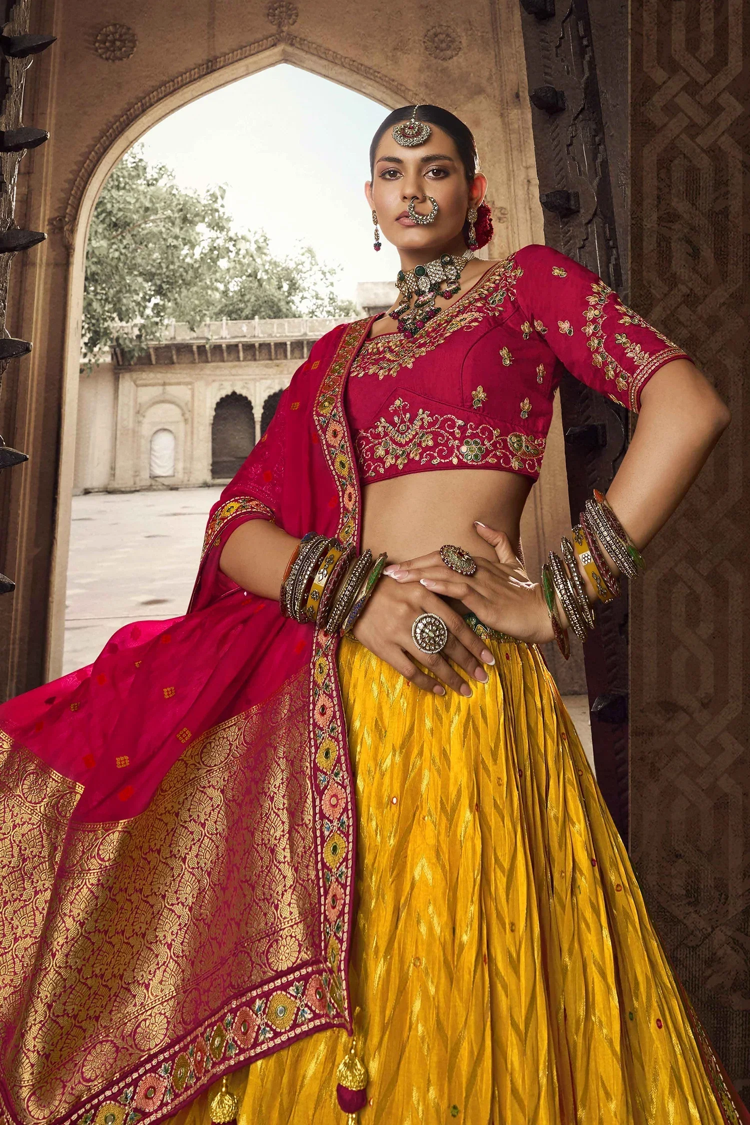 Mustard Woven Chevron Design Lehenga in Viscose with Elephant Motifs On Contrast Border - Image 4