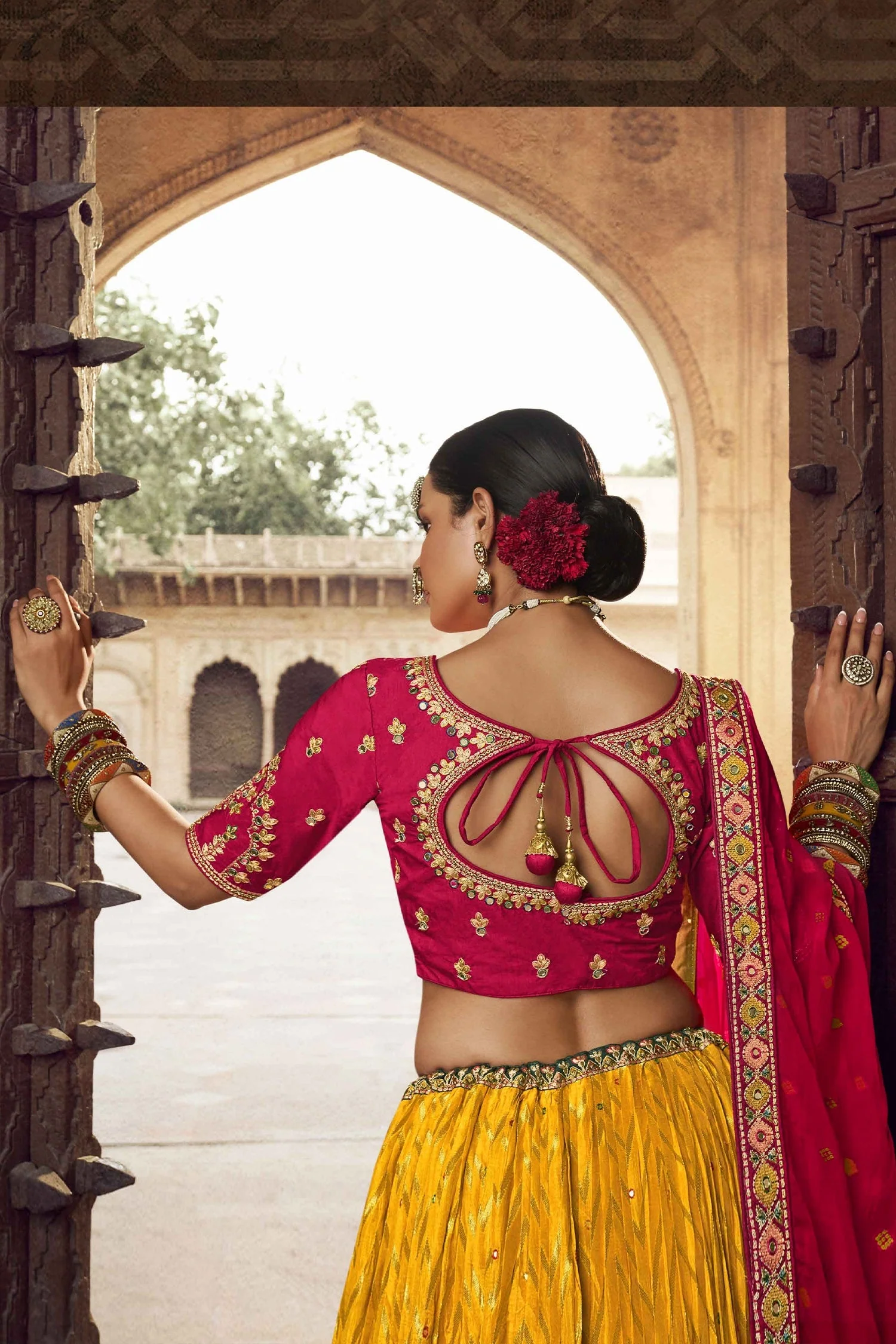 Mustard Woven Chevron Design Lehenga in Viscose with Elephant Motifs On Contrast Border - Image 5