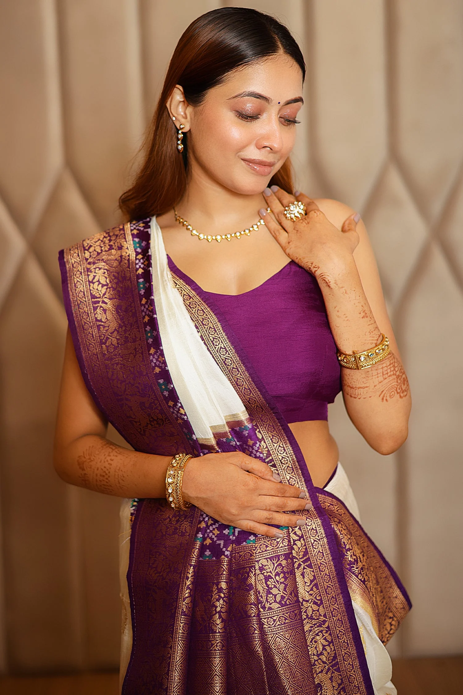 Off White Dola Silk Saree with Contrast Patola Border - Image 3