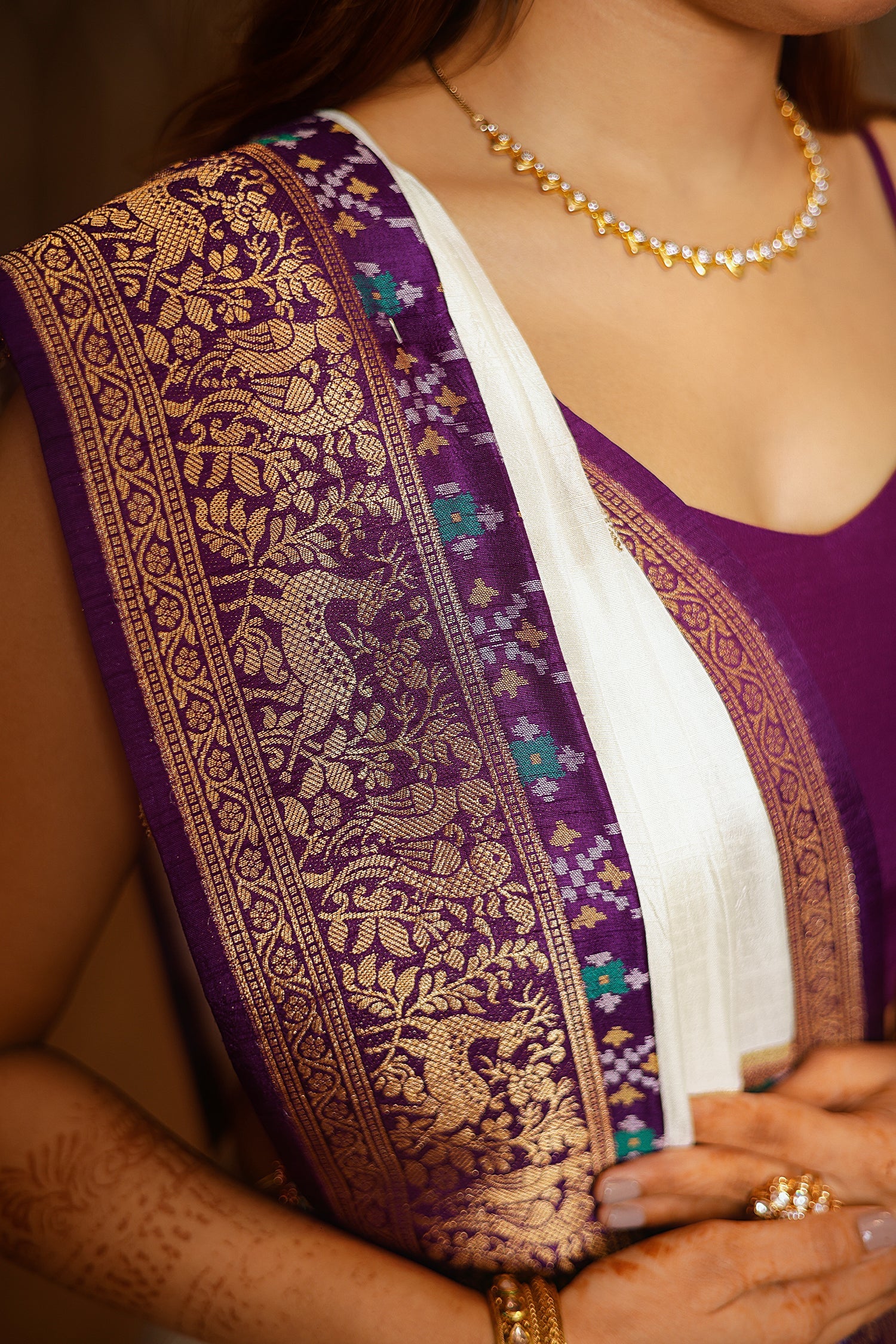 Off White Dola Silk Saree with Contrast Patola Border - Image 4