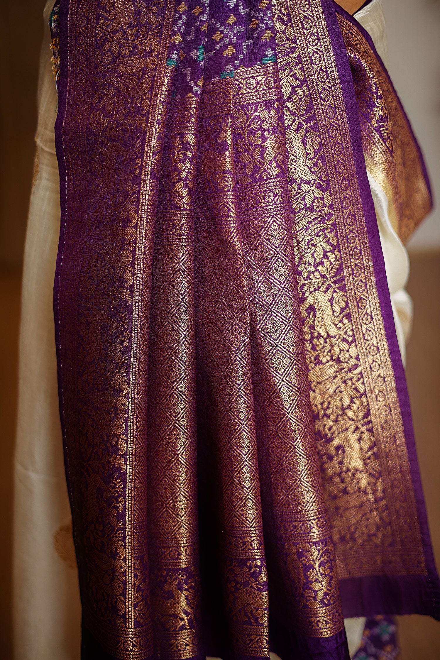 Off White Dola Silk Saree with Contrast Patola Border - Image 5