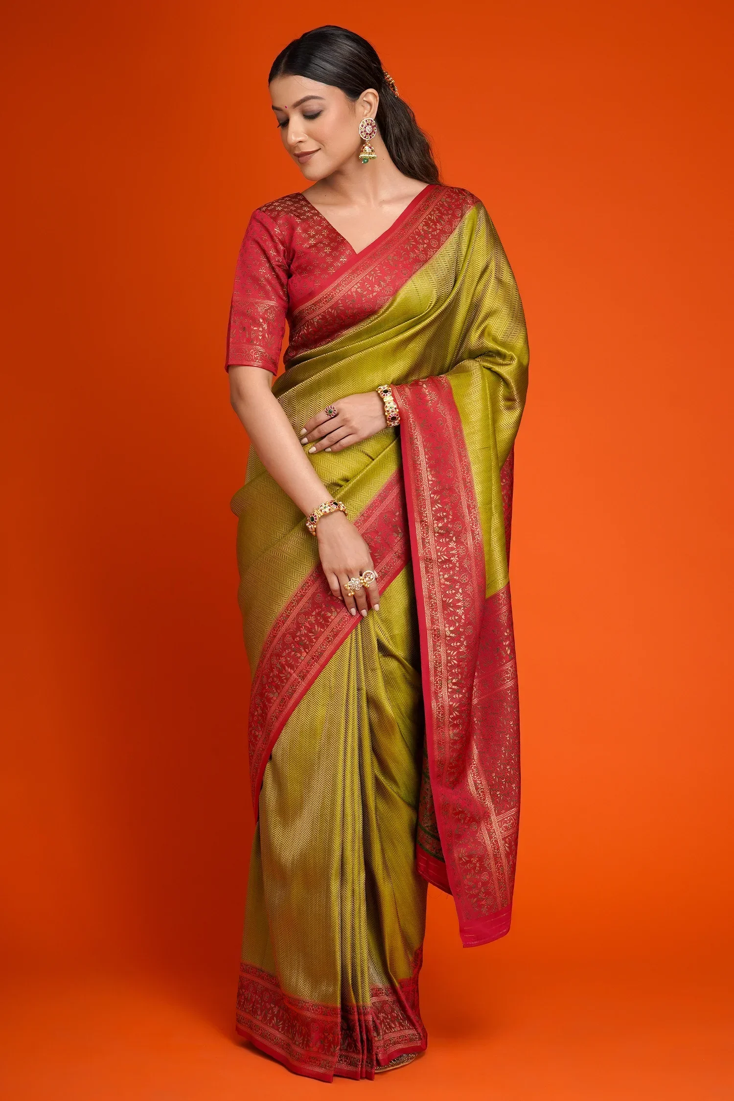 Olive Green Art Silk All Over Woven Saree - Image 3