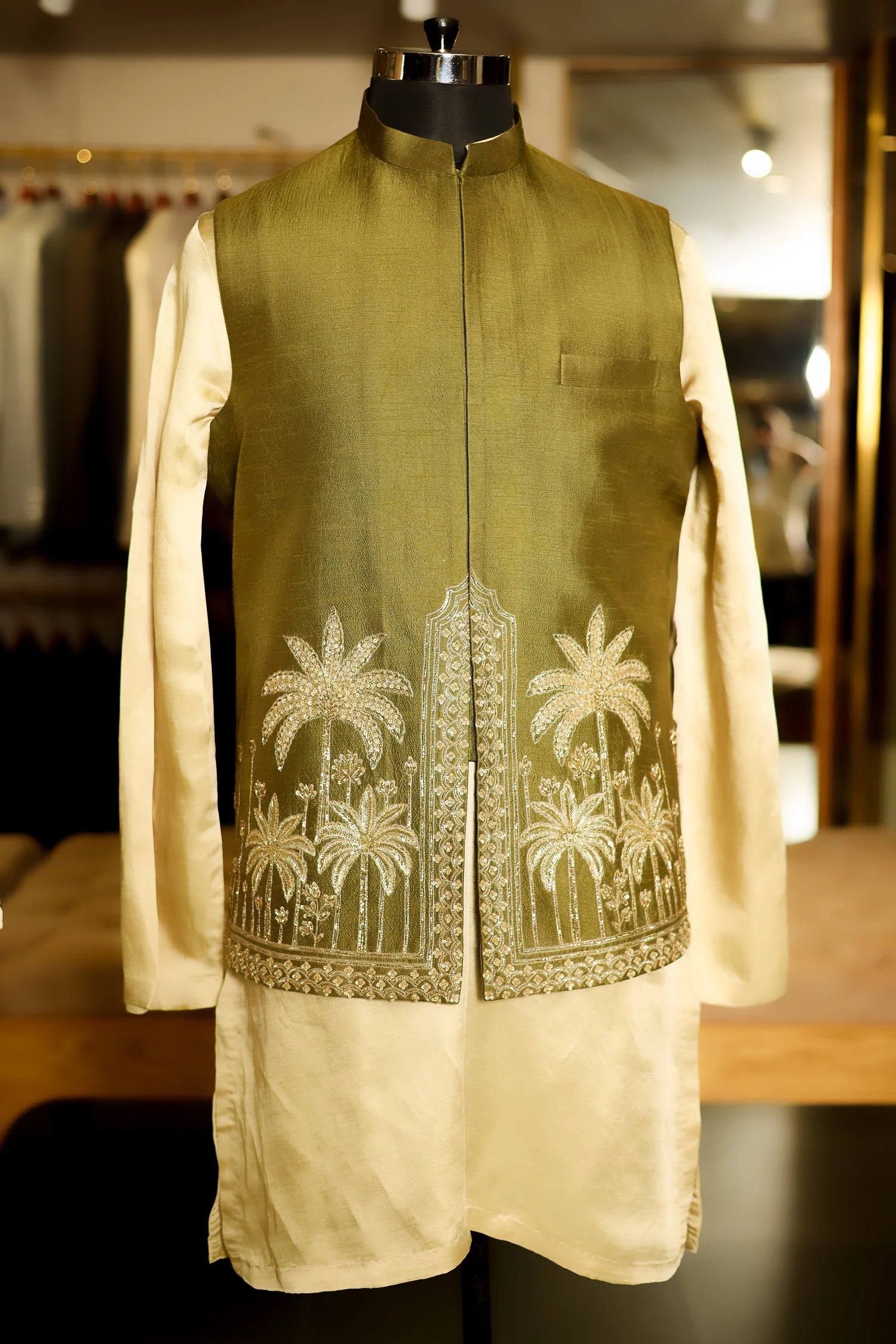Olive Green Modal Silk Kurta Set with Zardosi Cutdana Worked Jacket - Image 3