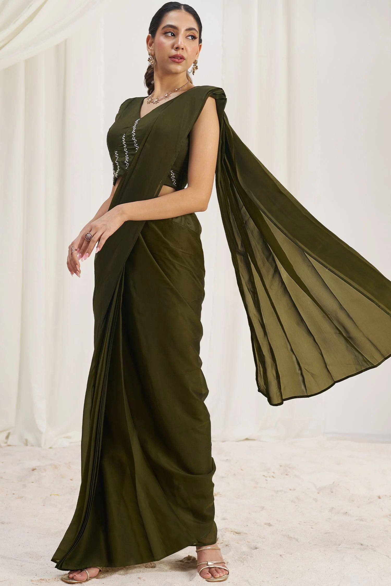 Olive Green Organza Pre Stitched Saree - Image 4