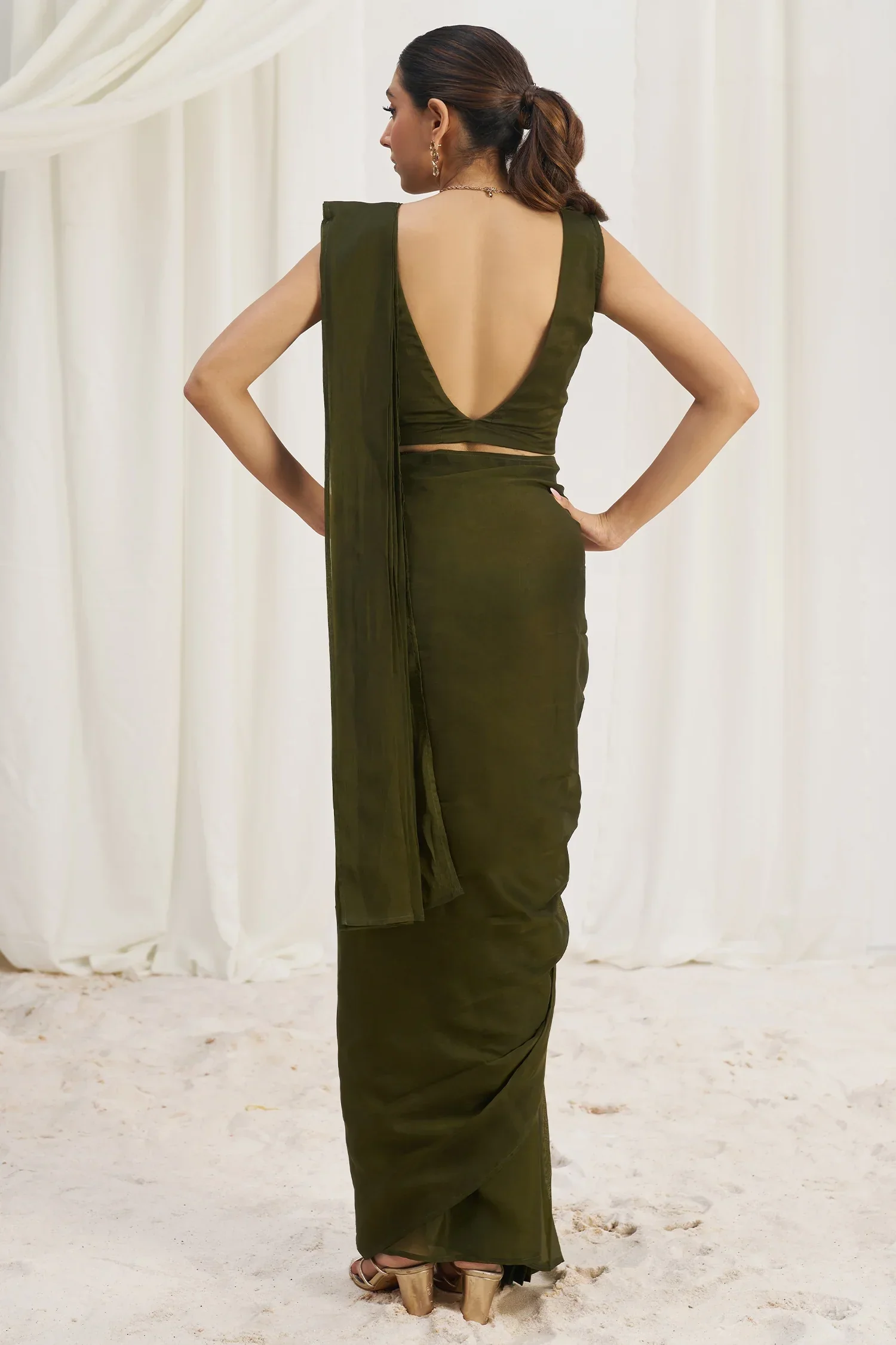 Olive Green Organza Pre Stitched Saree - Image 5