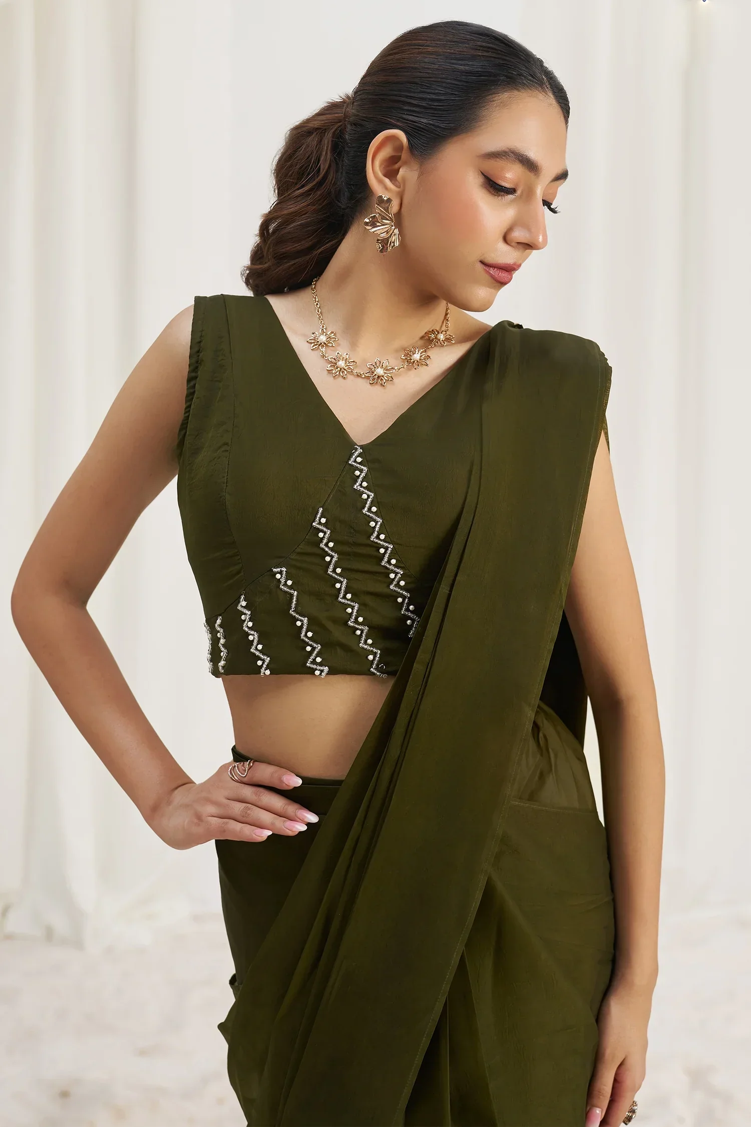 Olive Green Organza Pre Stitched Saree - Image 6