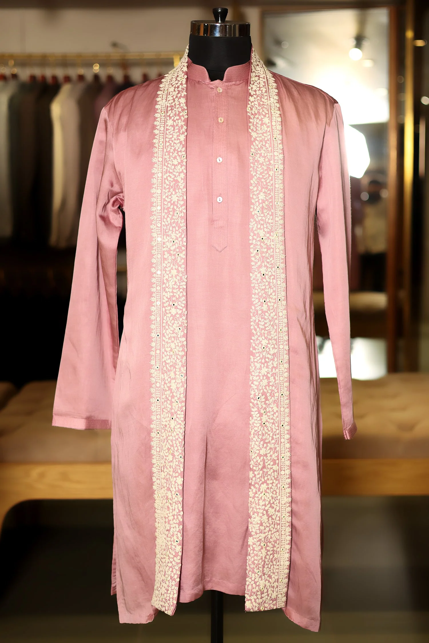 Onion Pink Silk Mirror Embroidered Kurta Pajama - Image 3