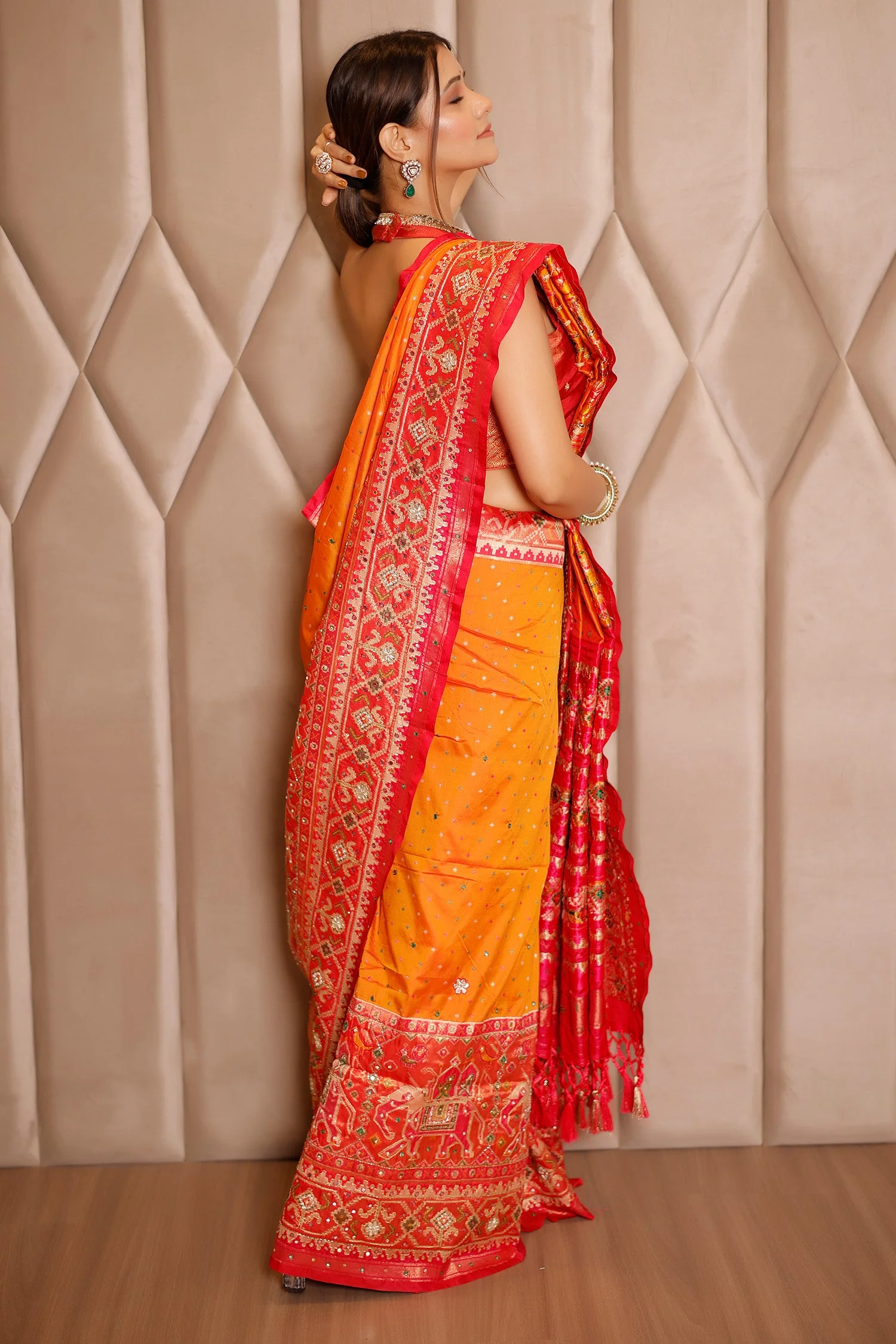 Orange Banarasi Silk Traditional Saree with Contrast Broad Patola Border - Image 3
