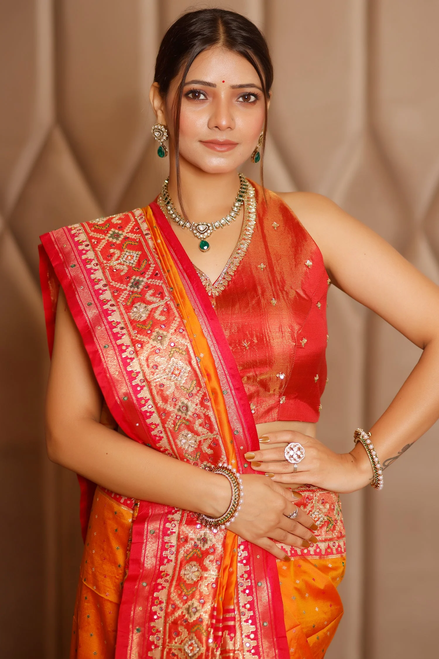 Orange Banarasi Silk Traditional Saree with Contrast Broad Patola Border - Image 4