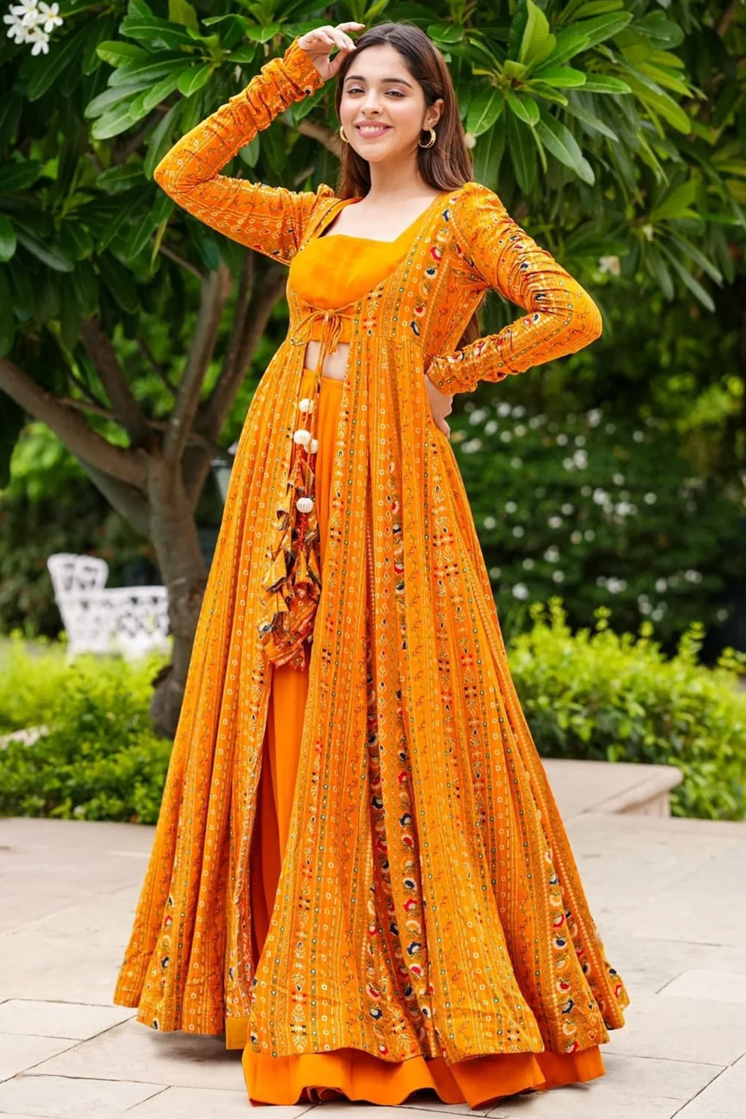Orange Crop Top Lehenga Set in Georgette with Printed Long Shurg - Image 3