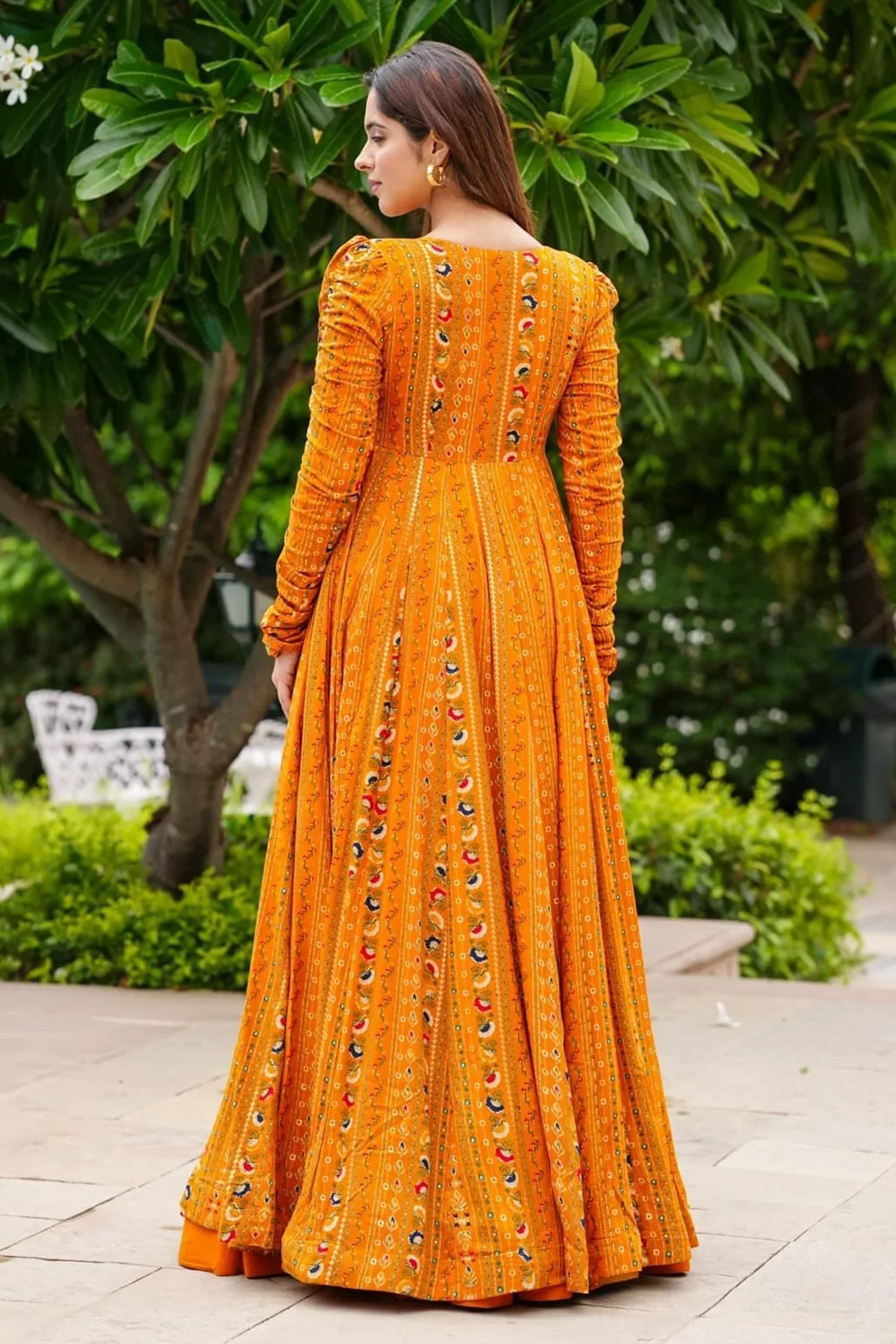 Orange Crop Top Lehenga Set in Georgette with Printed Long Shurg - Image 4
