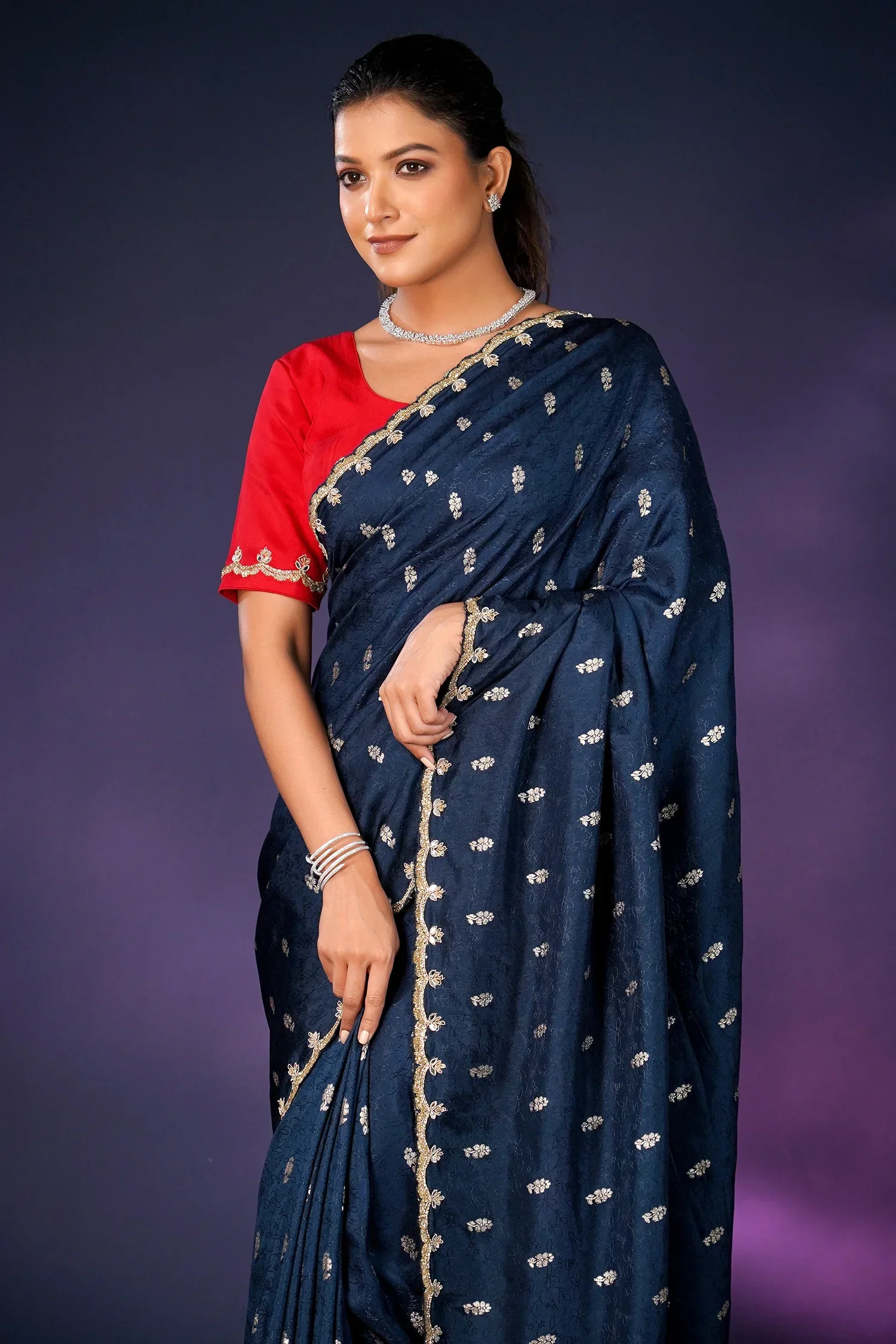 Peacock Blue Embroidery and Sequins Work Saree in Art Silk - Image 3