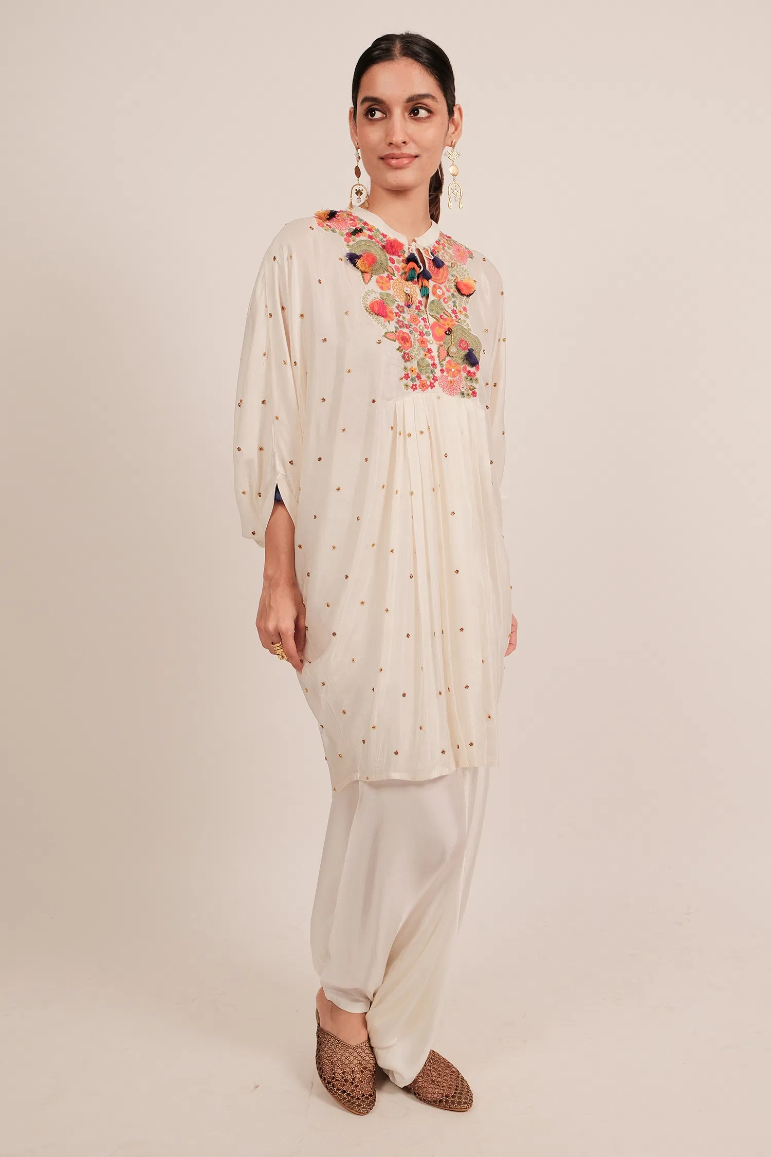 Pearl White Silk Intricate Thread Embroidery Kaftan Style Top - Image 3