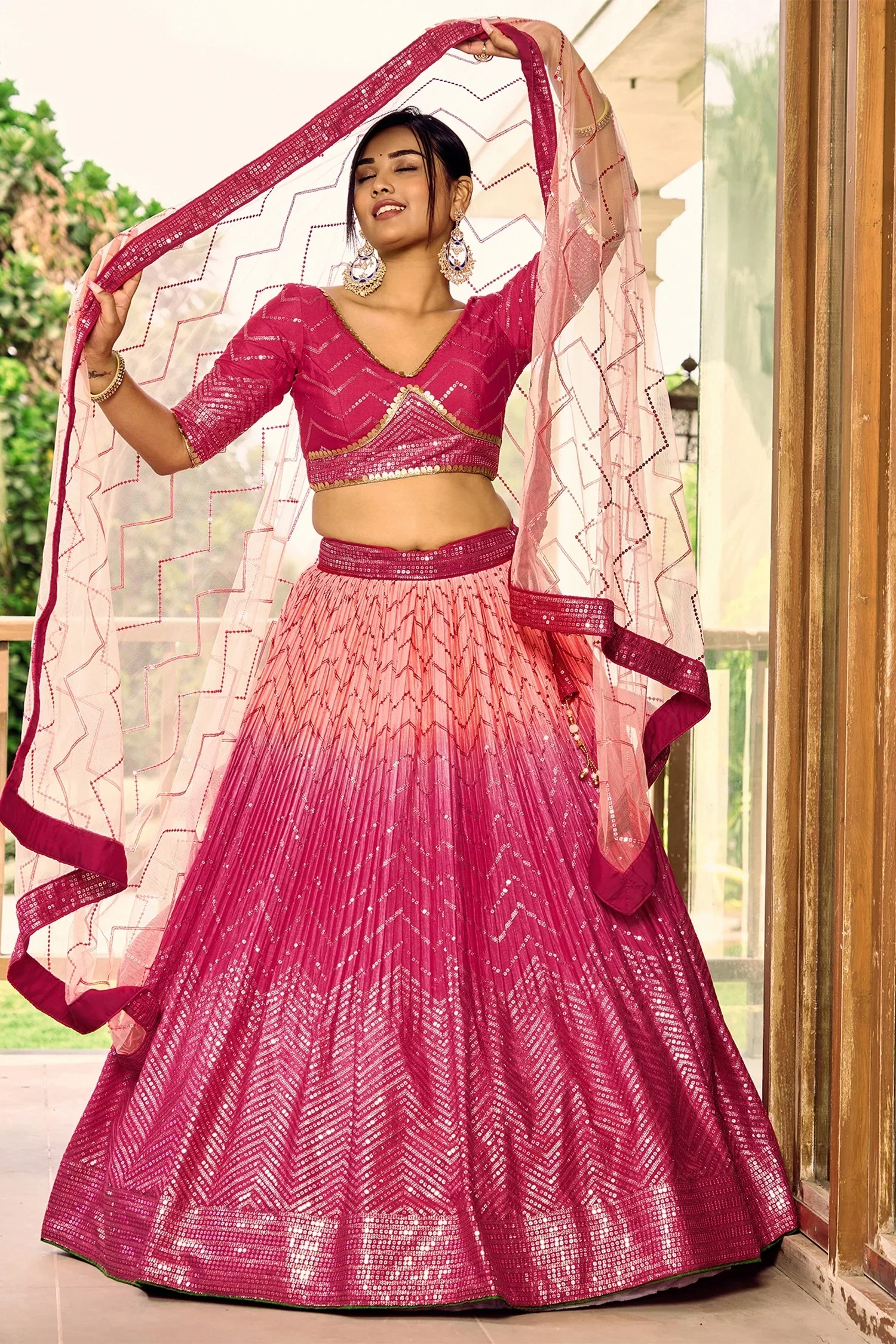 Pink Ombre Chinon Chevron Sequin Work Lehenga - Image 3