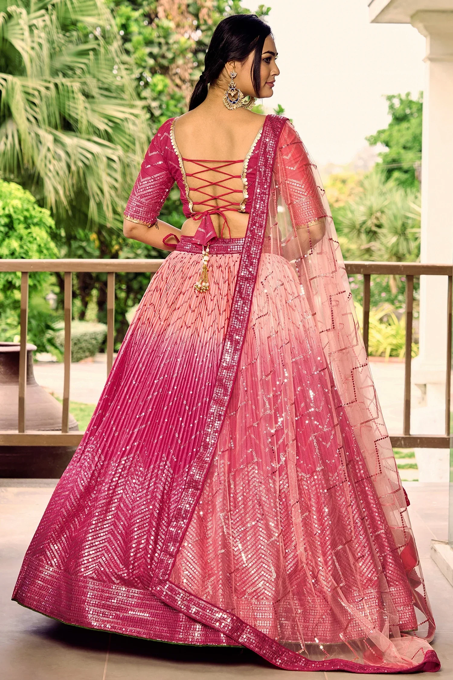 Pink Ombre Chinon Chevron Sequin Work Lehenga - Image 4