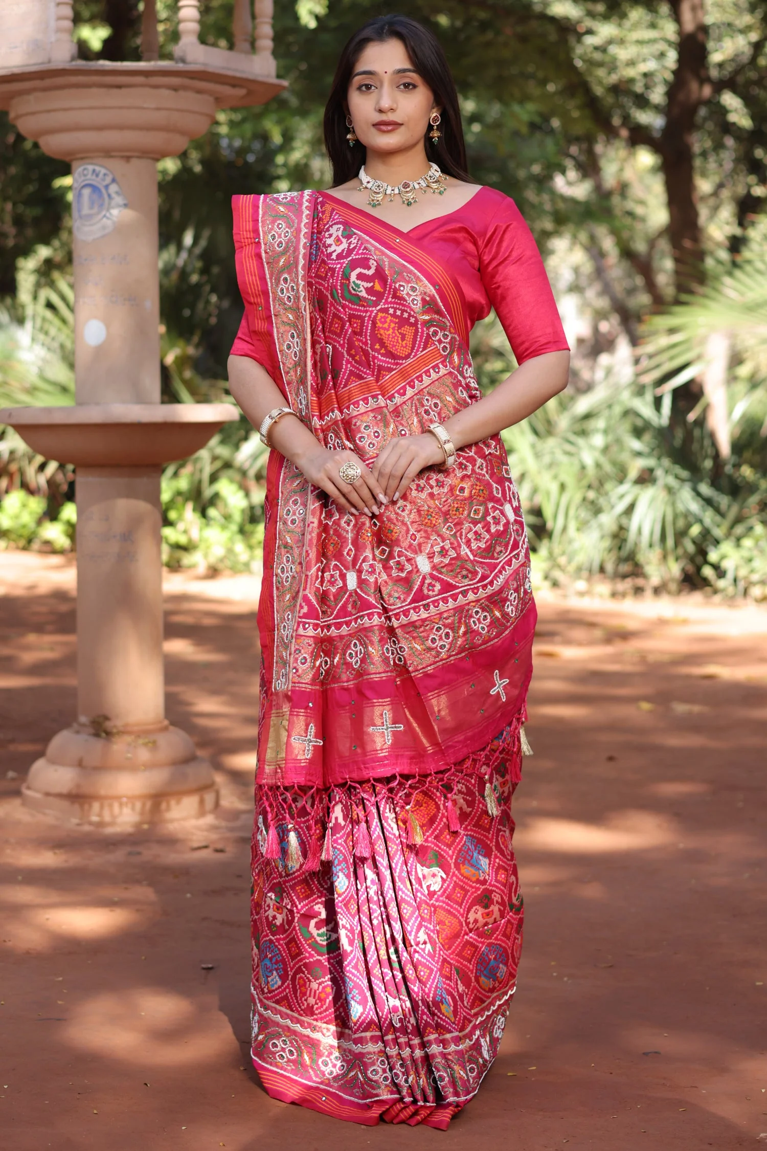Pink Silk Traditional Patola Saree with Bead Work - Image 3