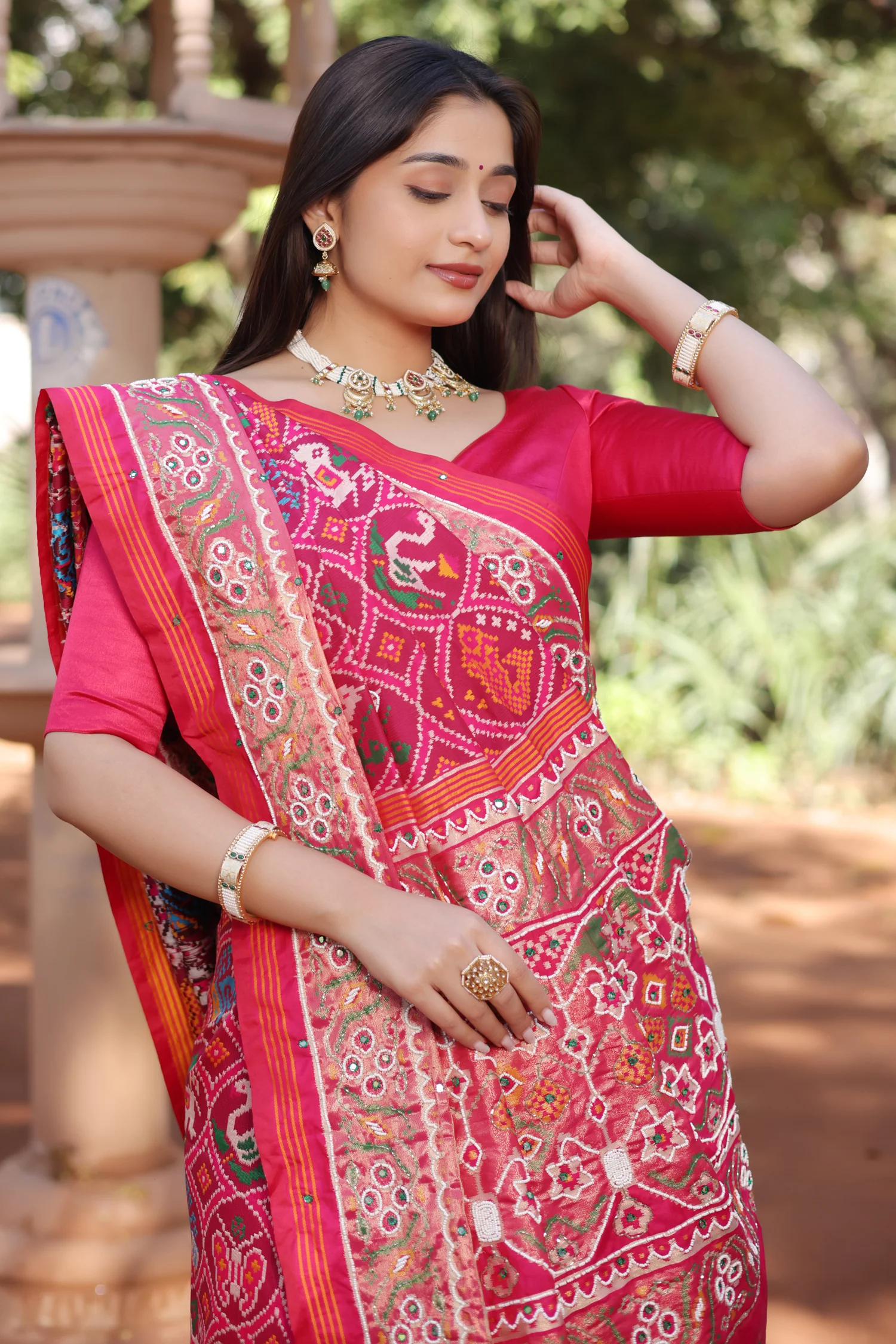 Pink Silk Traditional Patola Saree with Bead Work - Image 5