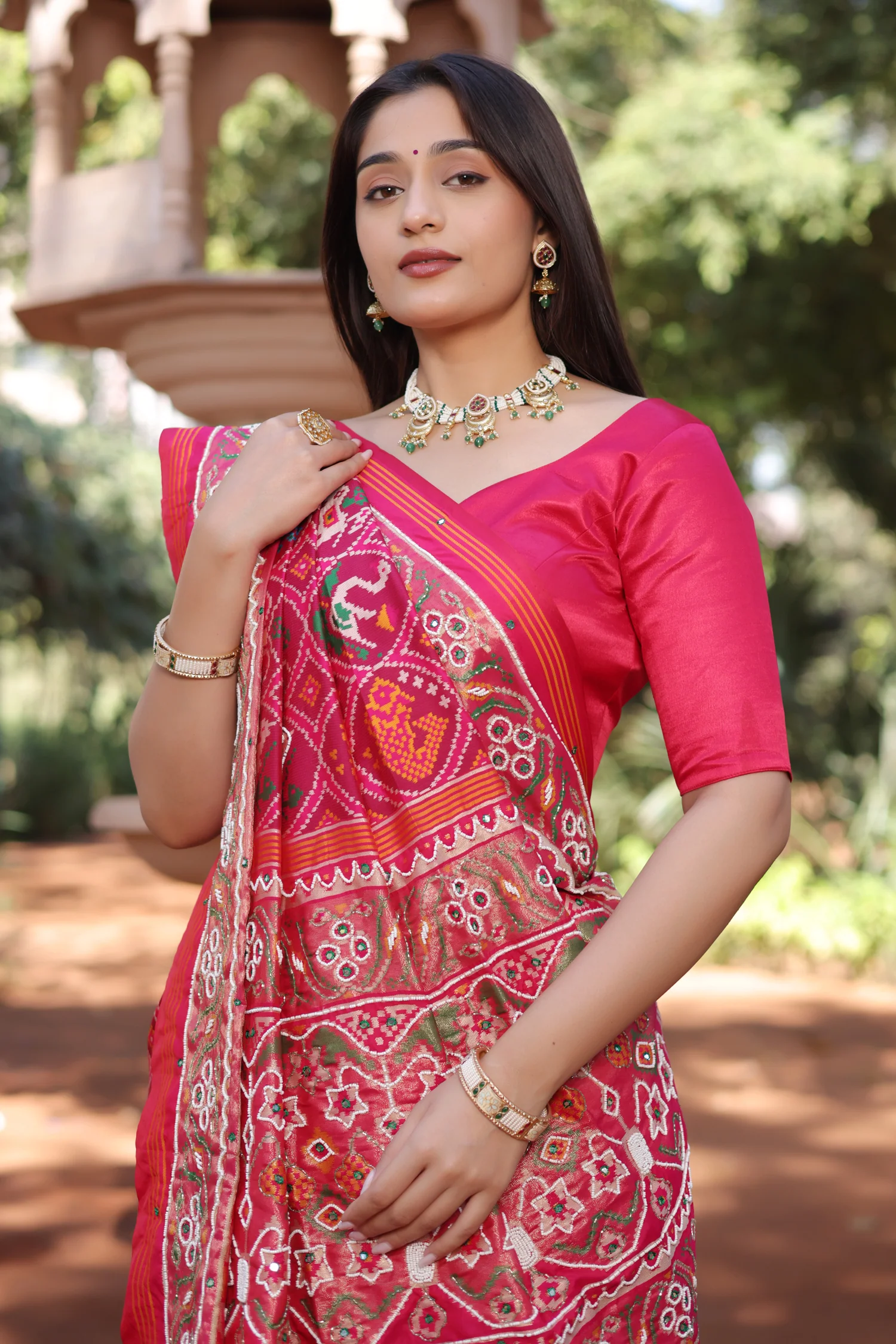 Pink Silk Traditional Patola Saree with Bead Work - Image 6