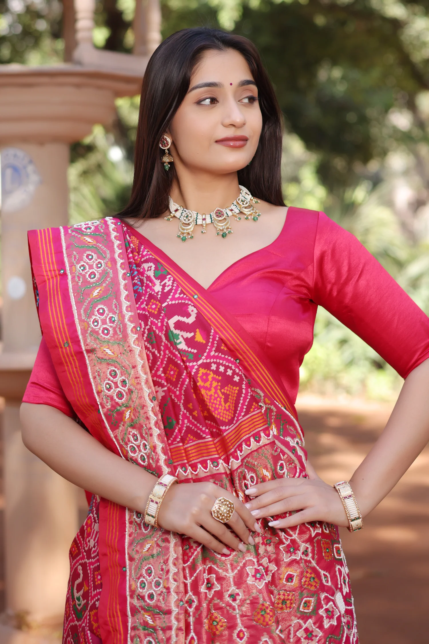 Pink Silk Traditional Patola Saree with Bead Work - Image 7