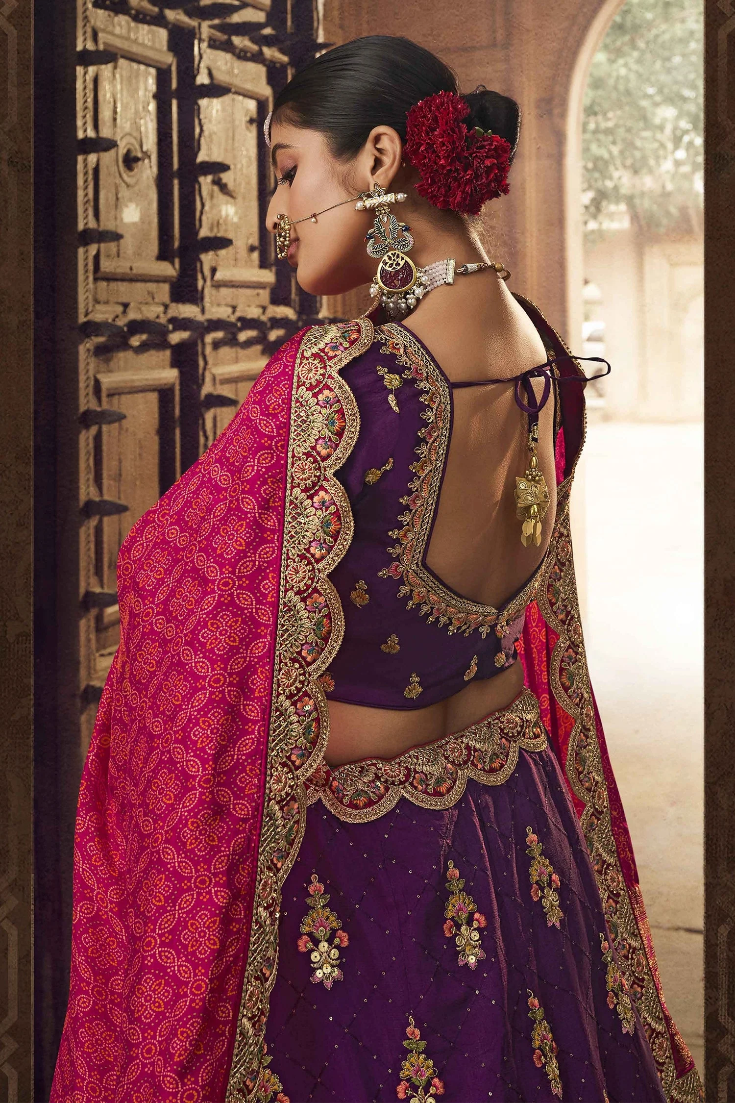 Purple Embroidered Butta Lehenga in Viscose with Elephant Motifs On Golden Border - Image 3