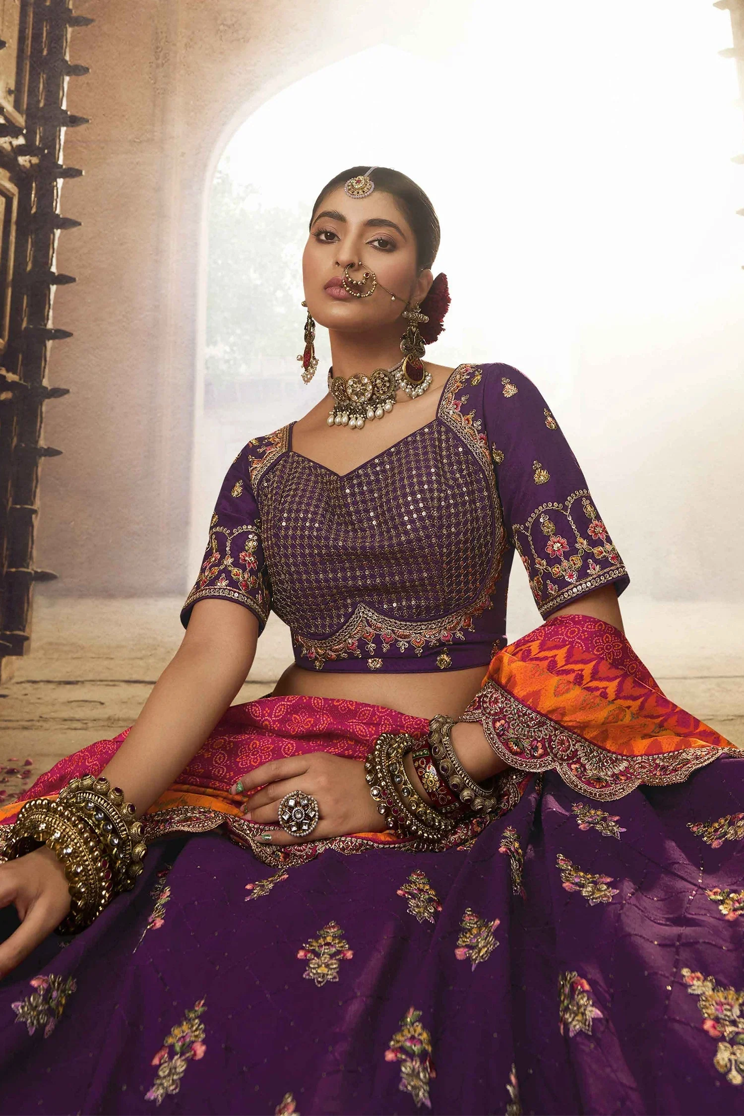 Purple Embroidered Butta Lehenga in Viscose with Elephant Motifs On Golden Border - Image 4