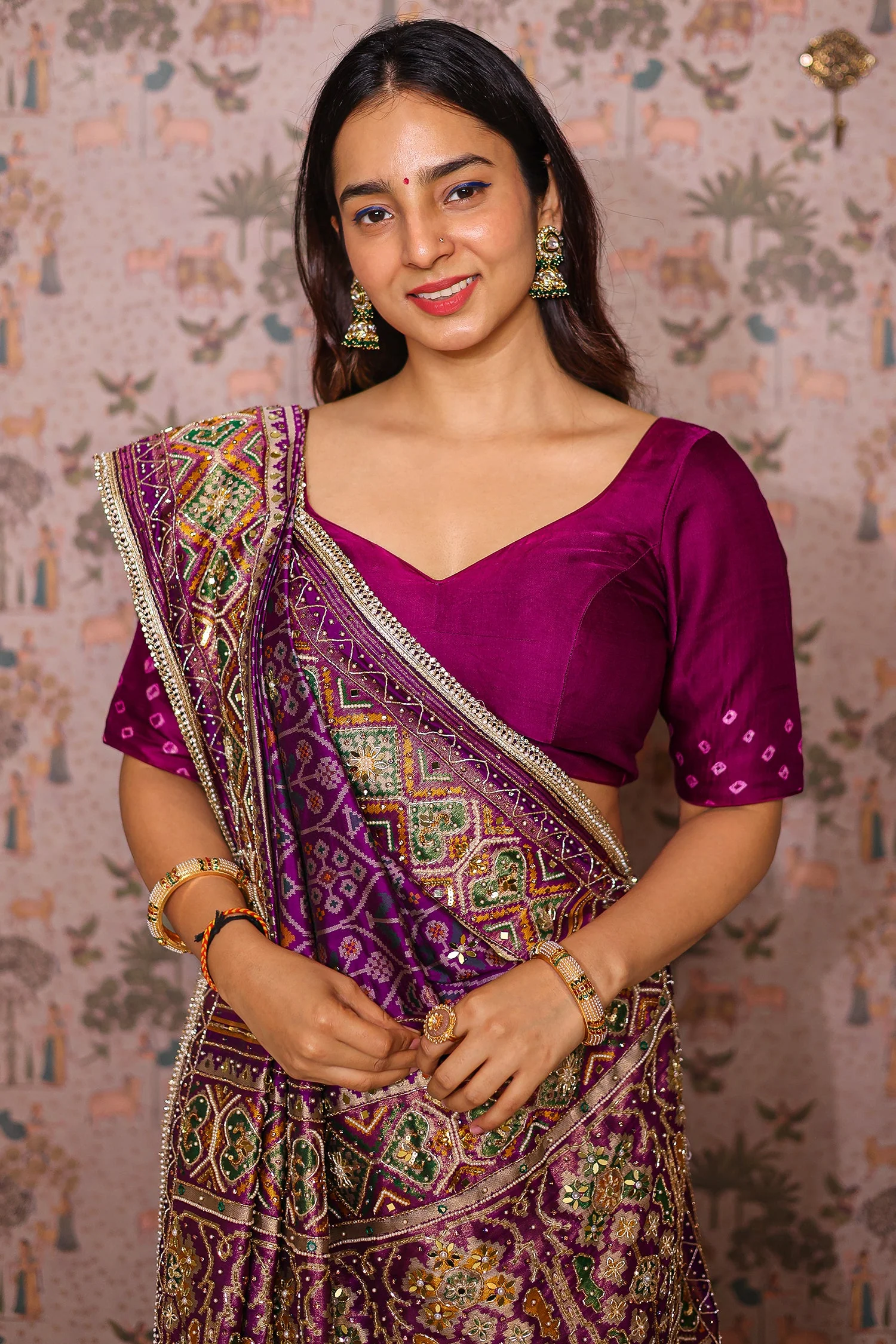 Purple Silk Traditional Woven Patola Saree with Cutdana and Beads Work - Image 5