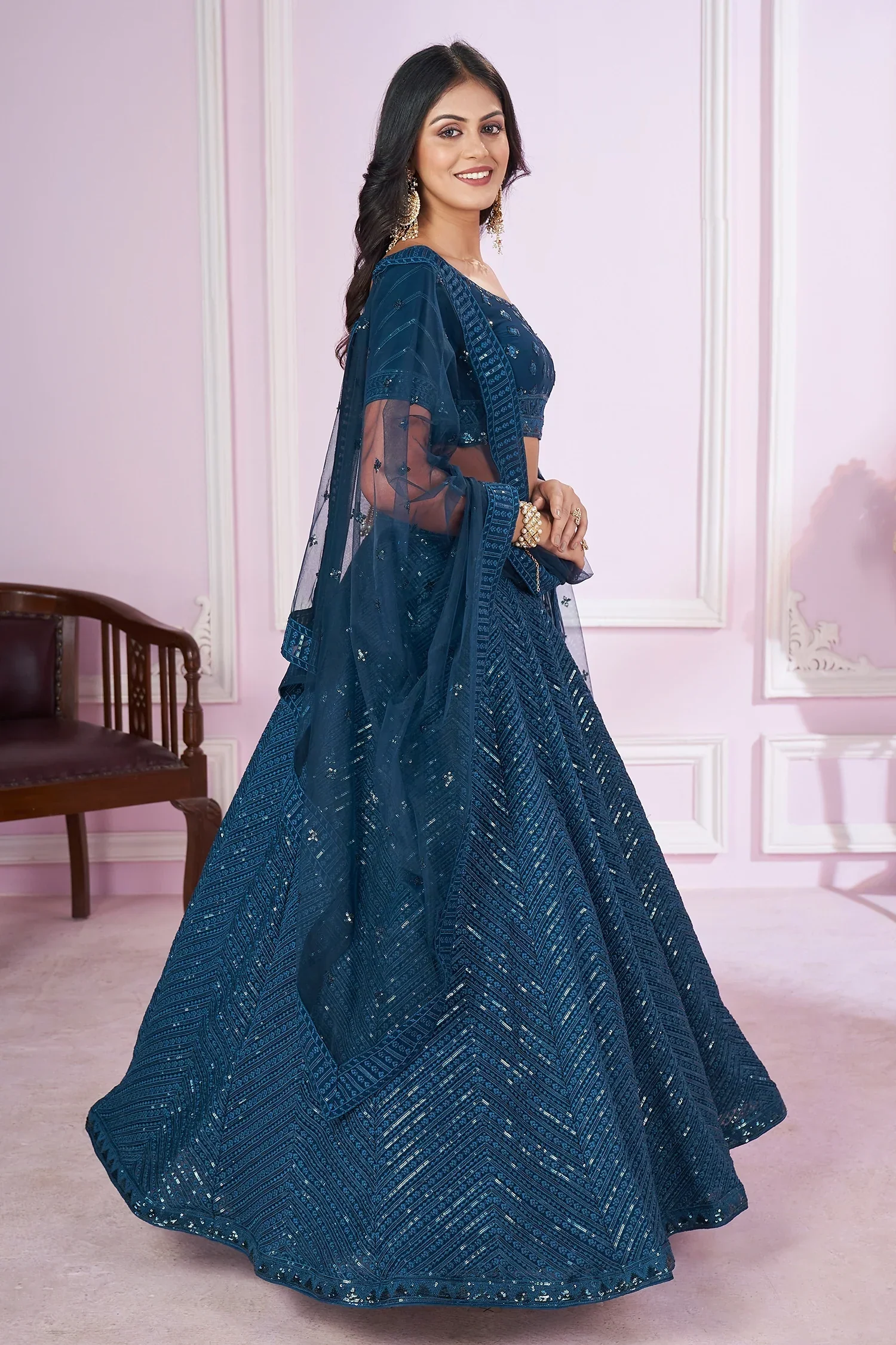 Rama Blue Georgette Sequin Embroidered Lehenga - Image 3