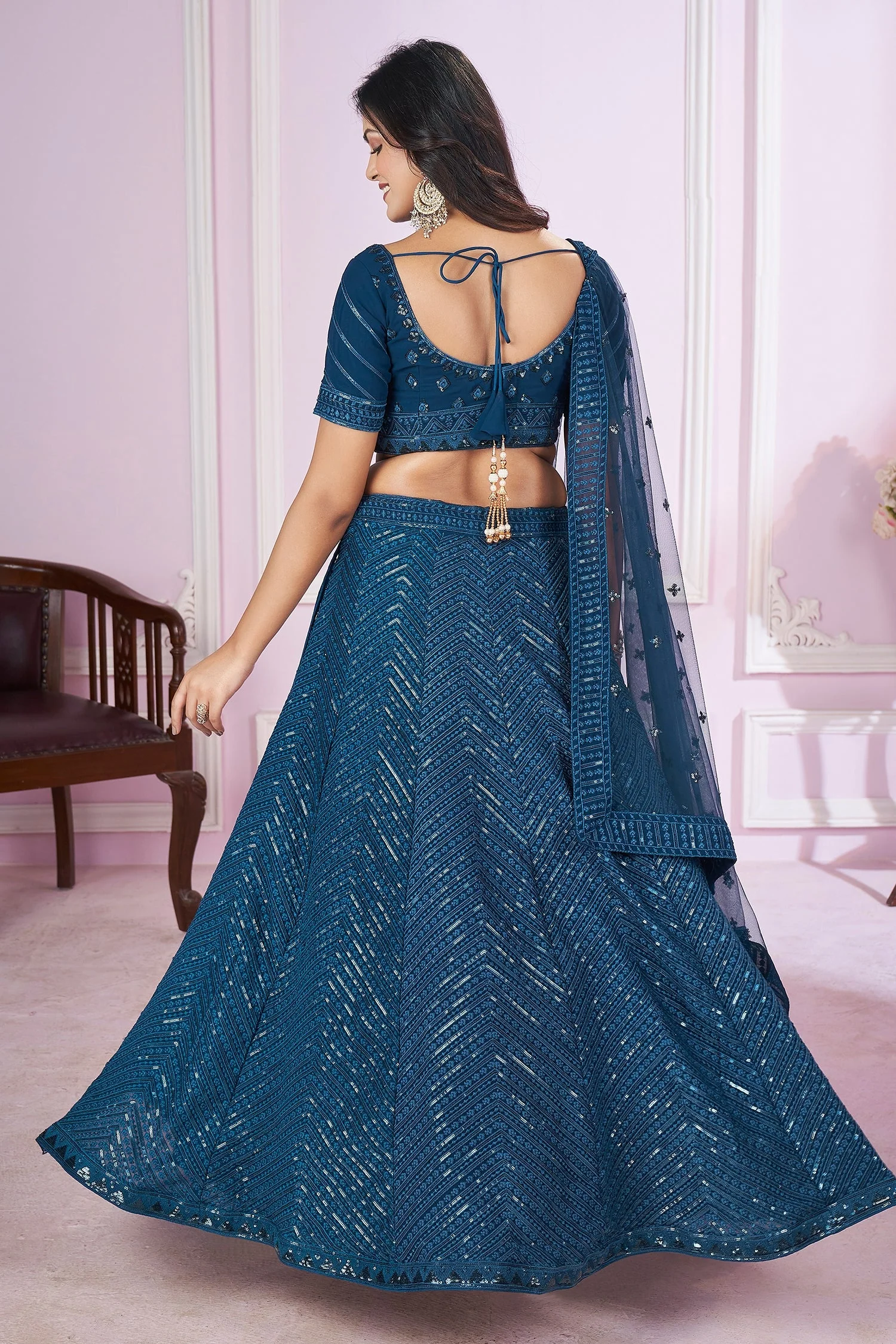 Rama Blue Georgette Sequin Embroidered Lehenga - Image 4