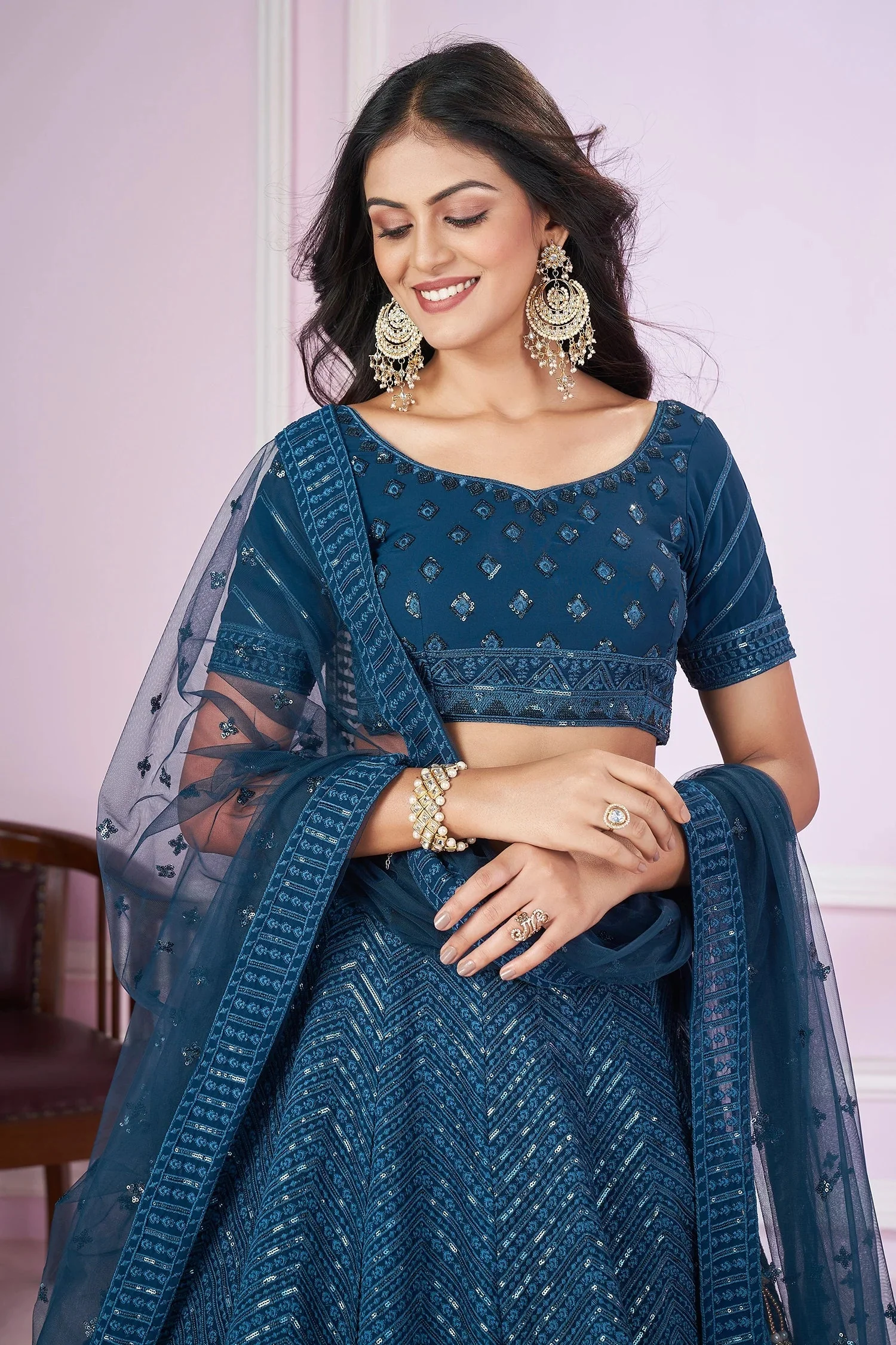 Rama Blue Georgette Sequin Embroidered Lehenga - Image 5