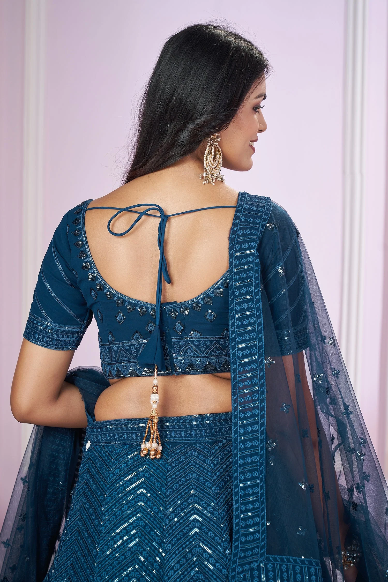 Rama Blue Georgette Sequin Embroidered Lehenga - Image 6