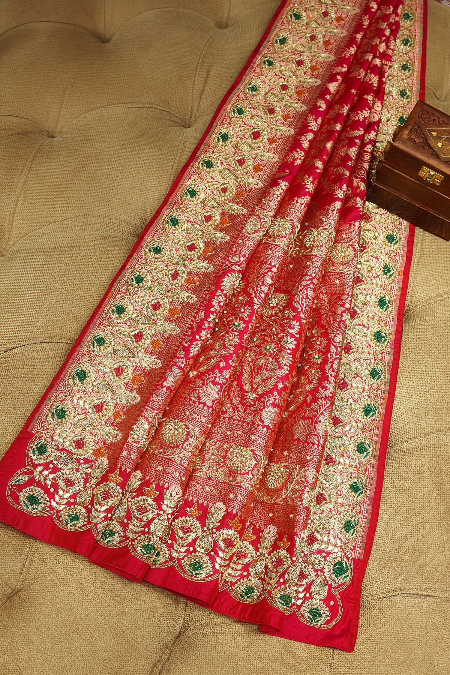 Rani Pink Banarasi Silk All Over Woven Saree with Handwork - Image 3
