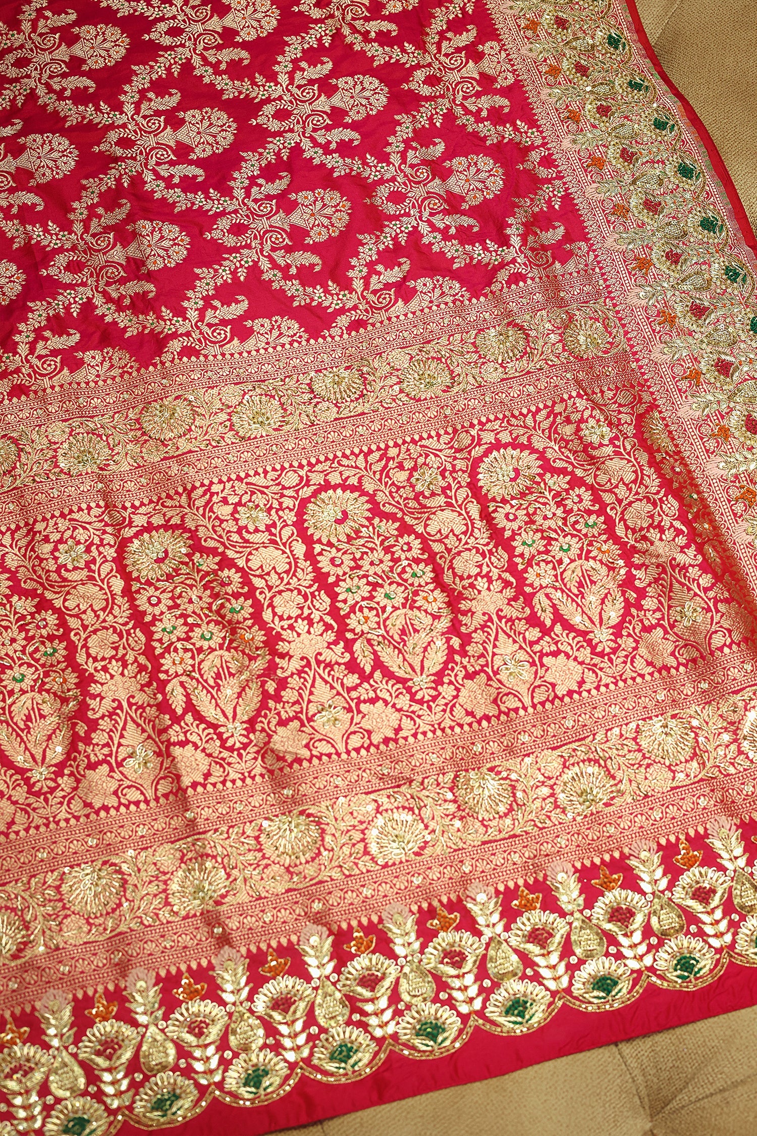 Rani Pink Banarasi Silk All Over Woven Saree with Handwork - Image 4