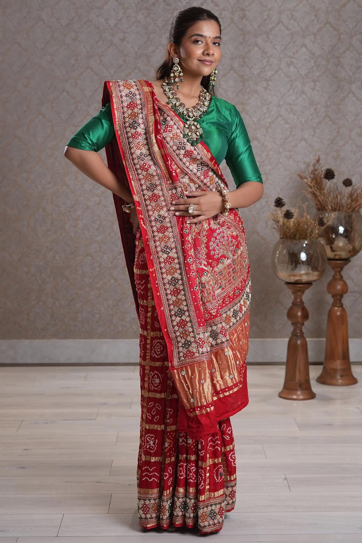 Red Cotton Traditional Checks Gharchola Saree with Handwork - Image 3