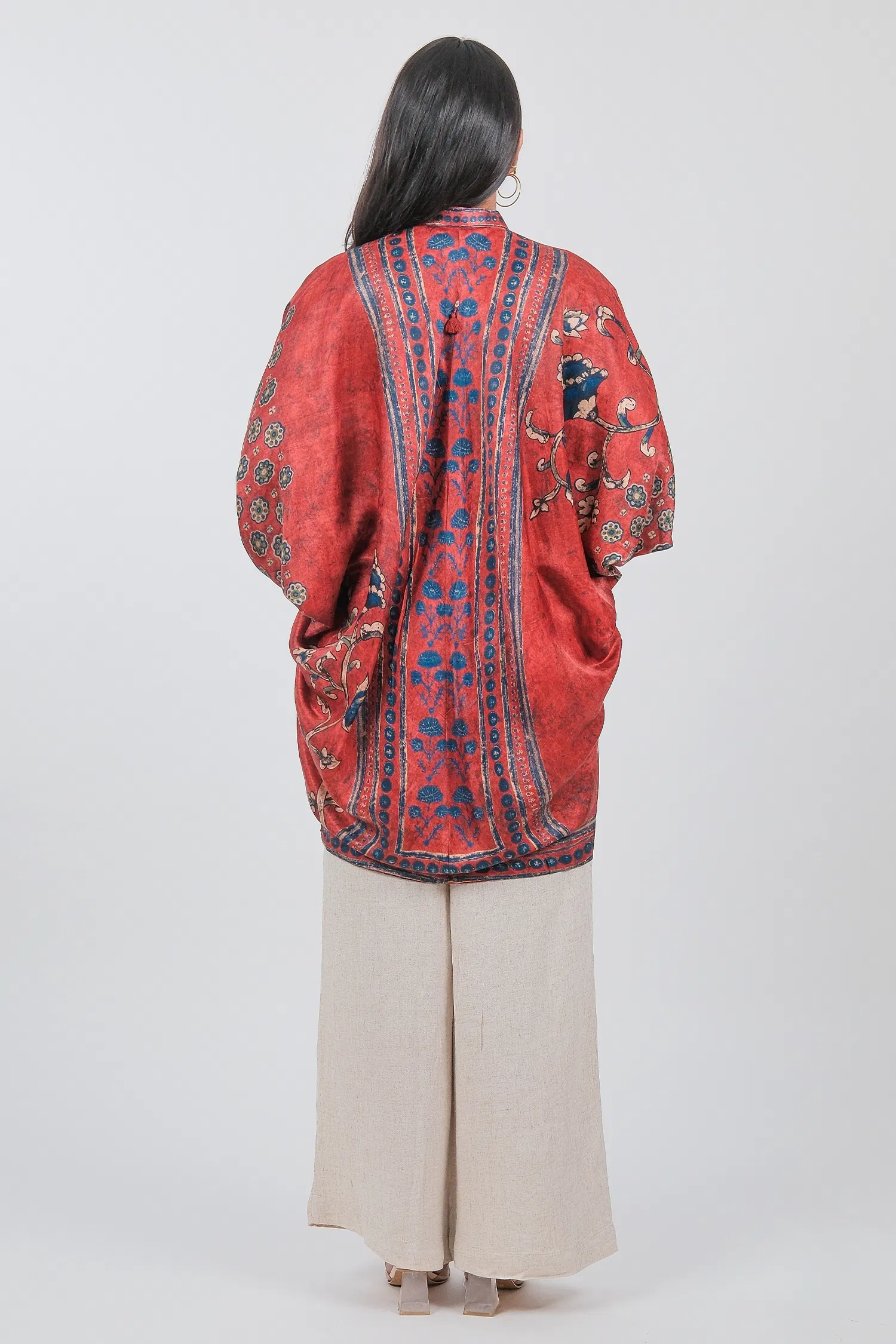 Red Crepe Silk Printed Kaftan Style Tunic - Image 3