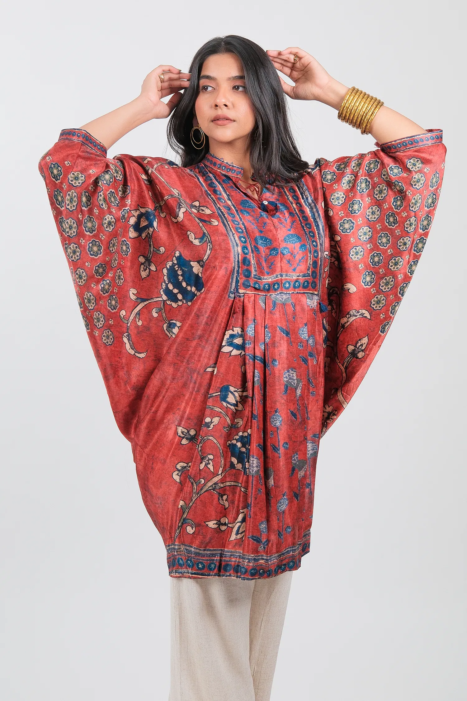 Red Crepe Silk Printed Kaftan Style Tunic - Image 4