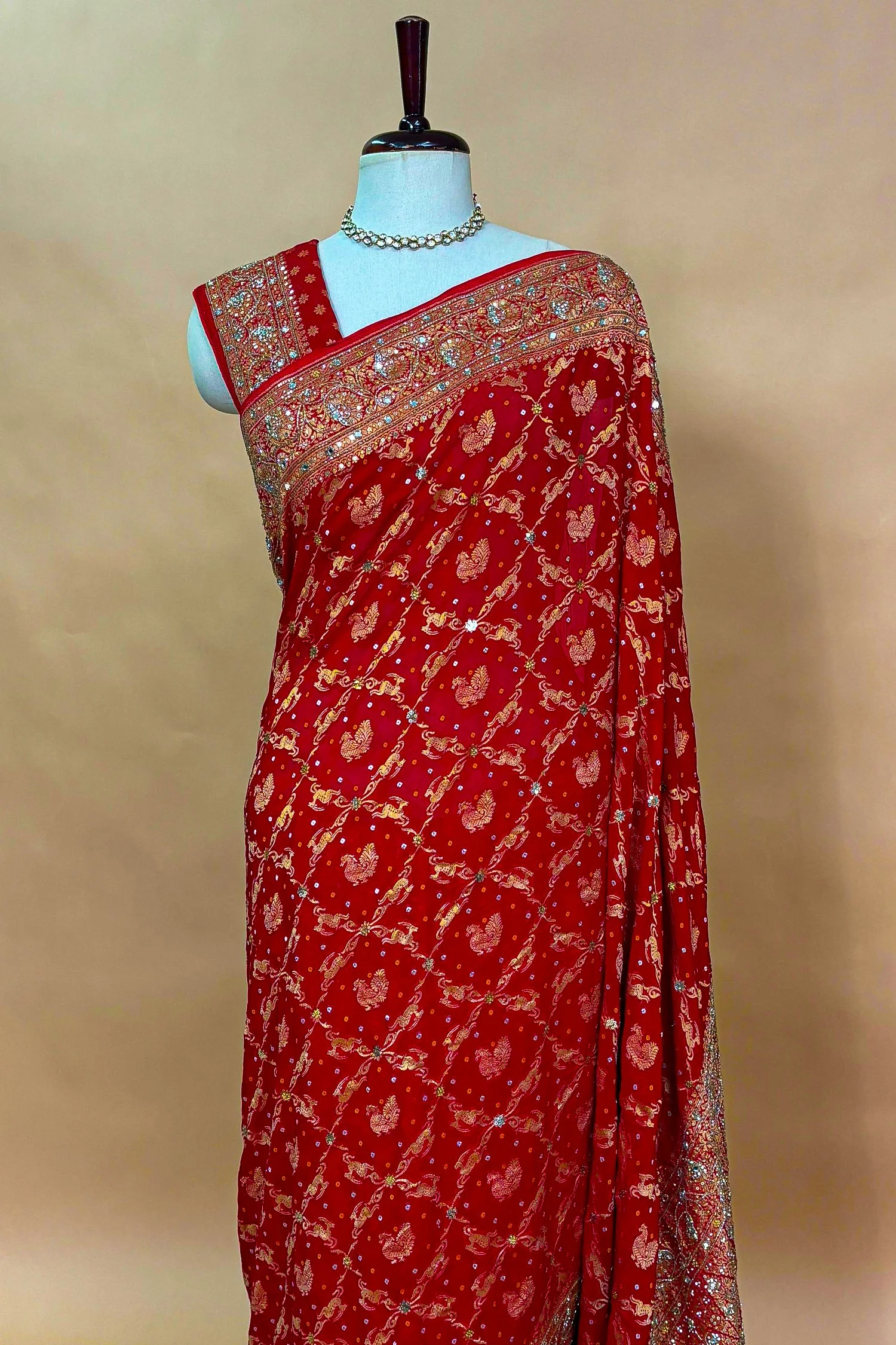 Red Georgette Animal and Bird Motif Woven Checks Bandhej Saree with Sequin Cutdana Work - Image 3